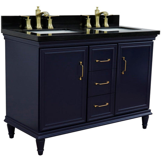 Bellaterra Home Forli 49" 2-Door 3-Drawer Blue Freestanding Vanity Set With Ceramic Double Undermount Rectangular Sink and Black Galaxy Granite Top