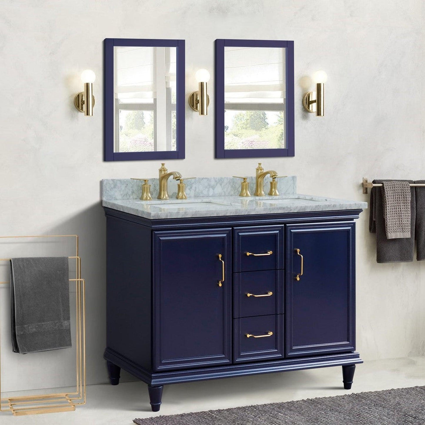 Bellaterra Home Forli 49" 2-Door 3-Drawer Blue Freestanding Vanity Set With Ceramic Double Undermount Rectangular Sink and White Carrara Marble Top