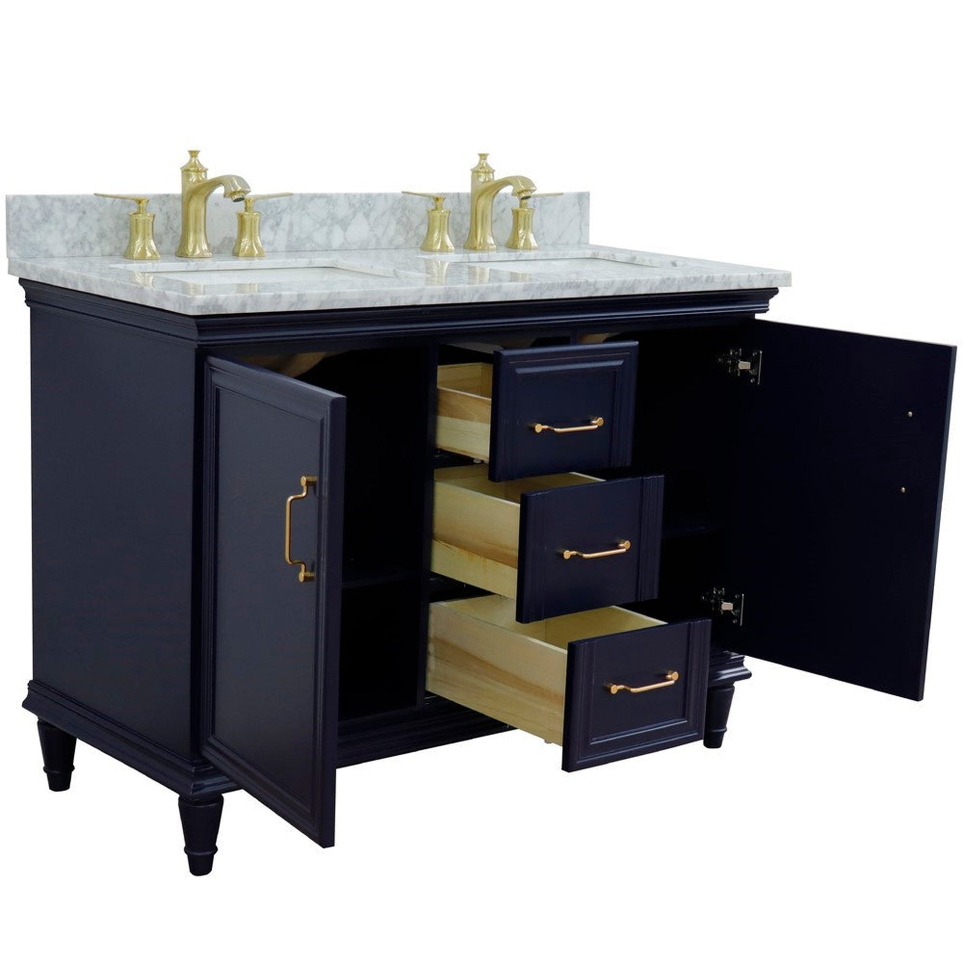 Bellaterra Home Forli 49" 2-Door 3-Drawer Blue Freestanding Vanity Set With Ceramic Double Undermount Rectangular Sink and White Carrara Marble Top