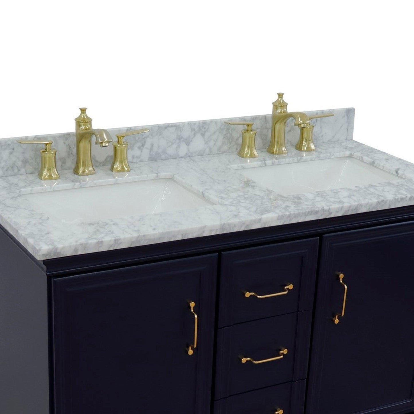 Bellaterra Home Forli 49" 2-Door 3-Drawer Blue Freestanding Vanity Set With Ceramic Double Undermount Rectangular Sink and White Carrara Marble Top