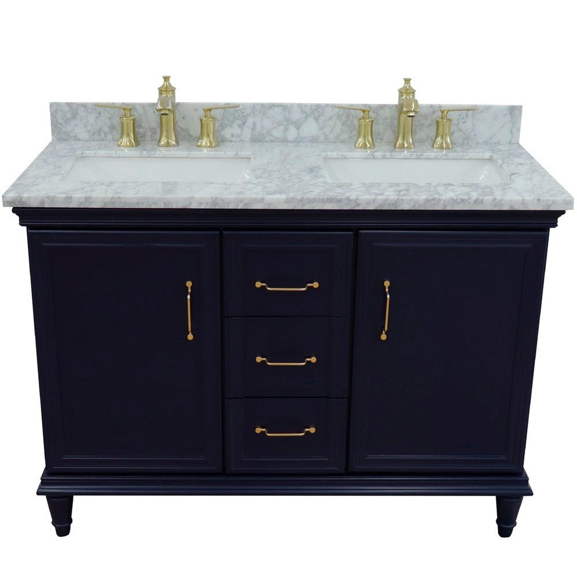 Bellaterra Home Forli 49" 2-Door 3-Drawer Blue Freestanding Vanity Set With Ceramic Double Undermount Rectangular Sink and White Carrara Marble Top