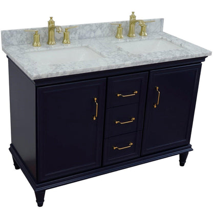 Bellaterra Home Forli 49" 2-Door 3-Drawer Blue Freestanding Vanity Set With Ceramic Double Undermount Rectangular Sink and White Carrara Marble Top