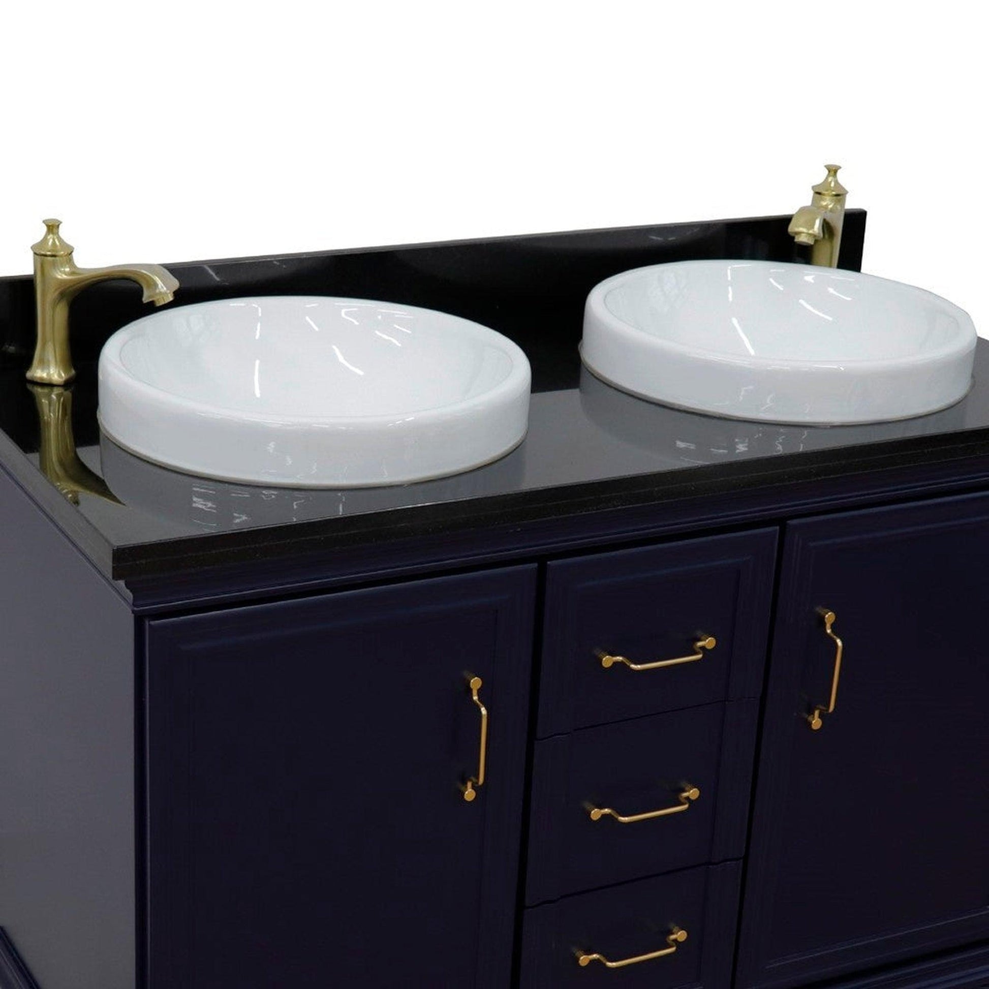 Bellaterra Home Forli 49" 2-Door 3-Drawer Blue Freestanding Vanity Set With Ceramic Double Vessel Sink and Black Galaxy Granite Top