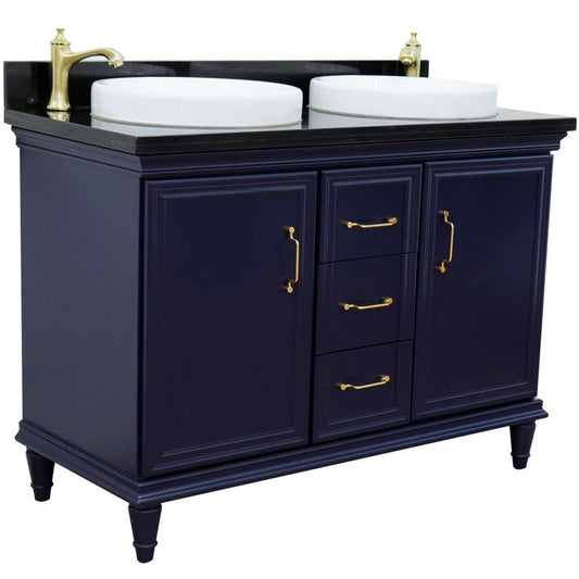Bellaterra Home Forli 49" 2-Door 3-Drawer Blue Freestanding Vanity Set With Ceramic Double Vessel Sink and Black Galaxy Granite Top