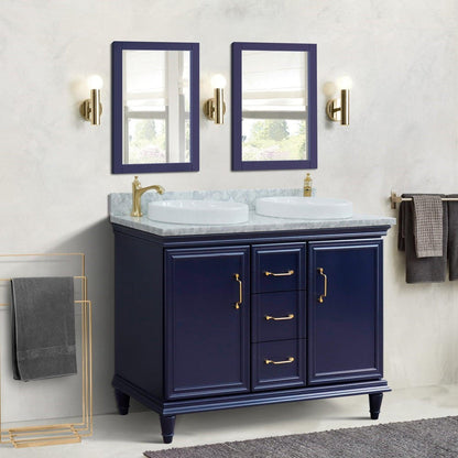 Bellaterra Home Forli 49" 2-Door 3-Drawer Blue Freestanding Vanity Set With Ceramic Double Vessel Sink and White Carrara Marble Top