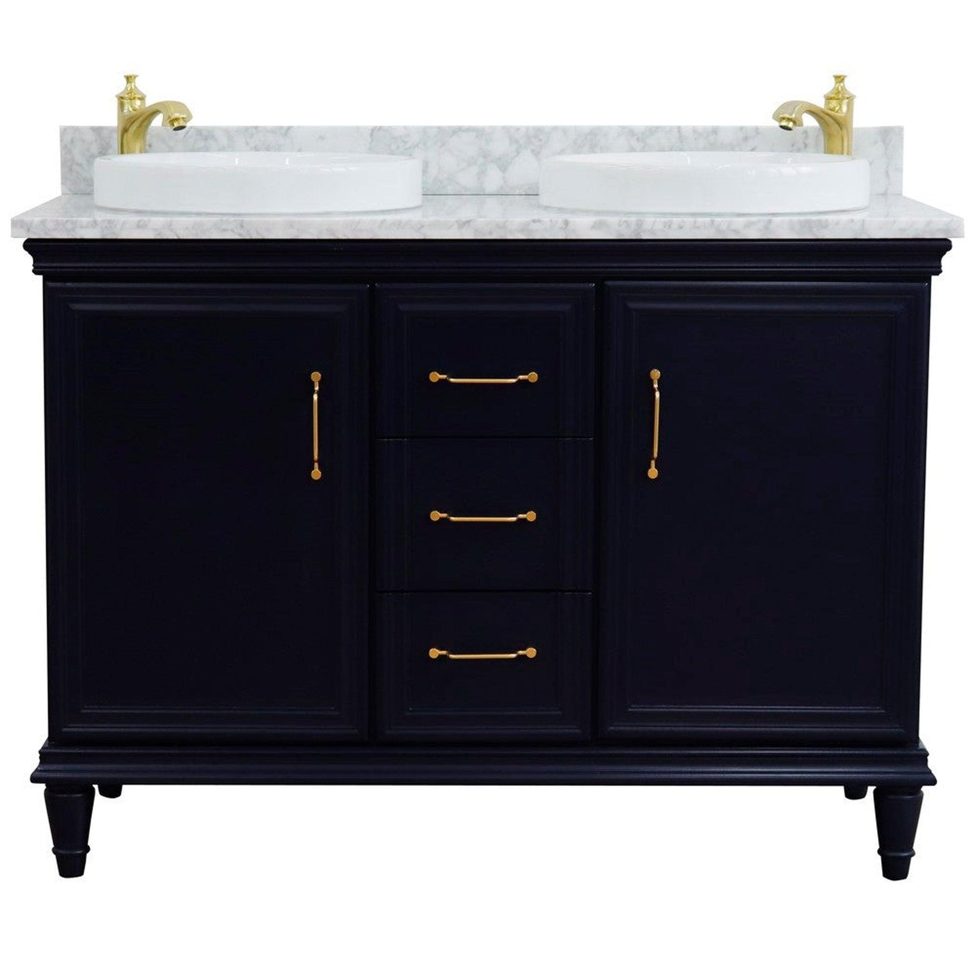 Bellaterra Home Forli 49" 2-Door 3-Drawer Blue Freestanding Vanity Set With Ceramic Double Vessel Sink and White Carrara Marble Top