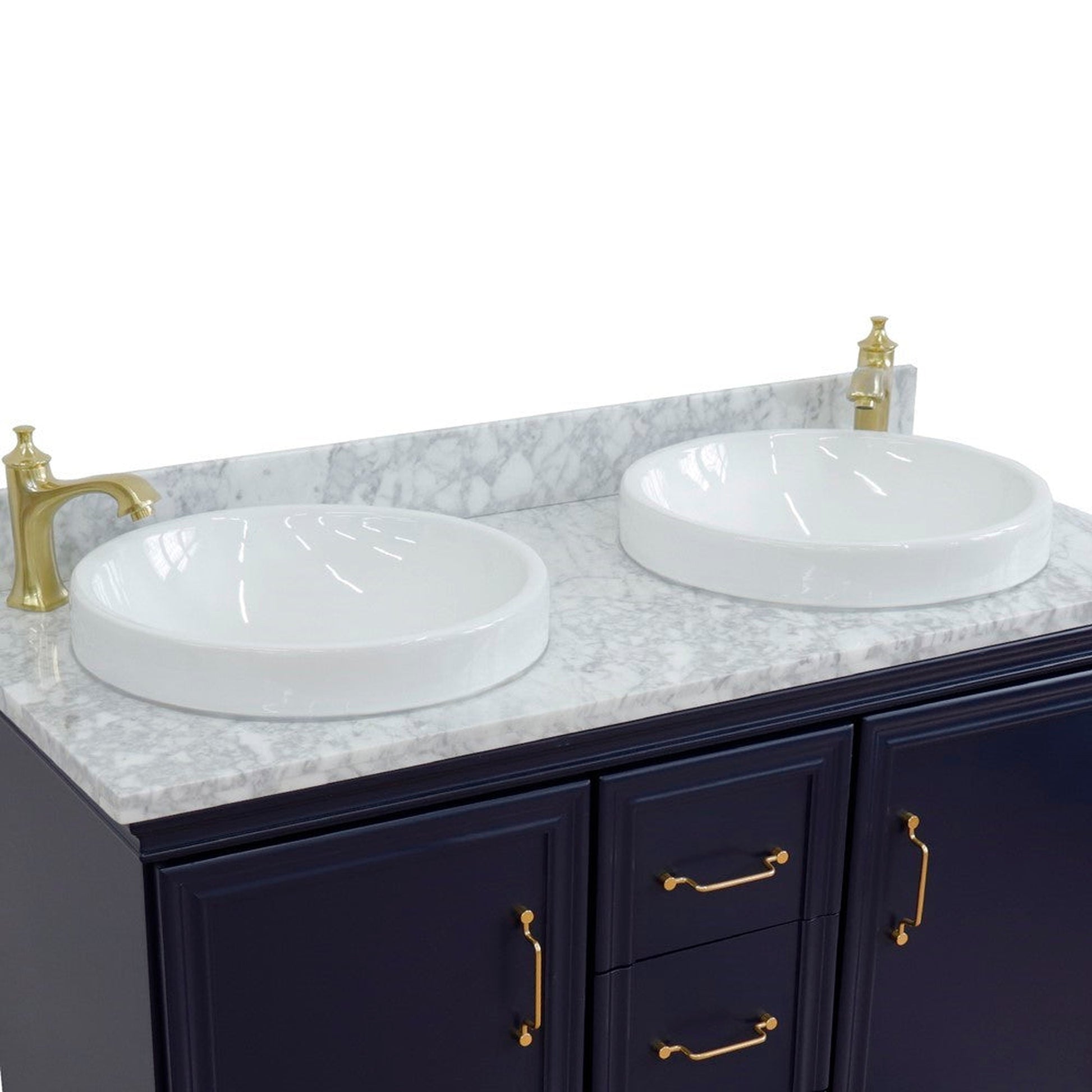 Bellaterra Home Forli 49" 2-Door 3-Drawer Blue Freestanding Vanity Set With Ceramic Double Vessel Sink and White Carrara Marble Top