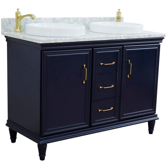 Bellaterra Home Forli 49" 2-Door 3-Drawer Blue Freestanding Vanity Set With Ceramic Double Vessel Sink and White Carrara Marble Top