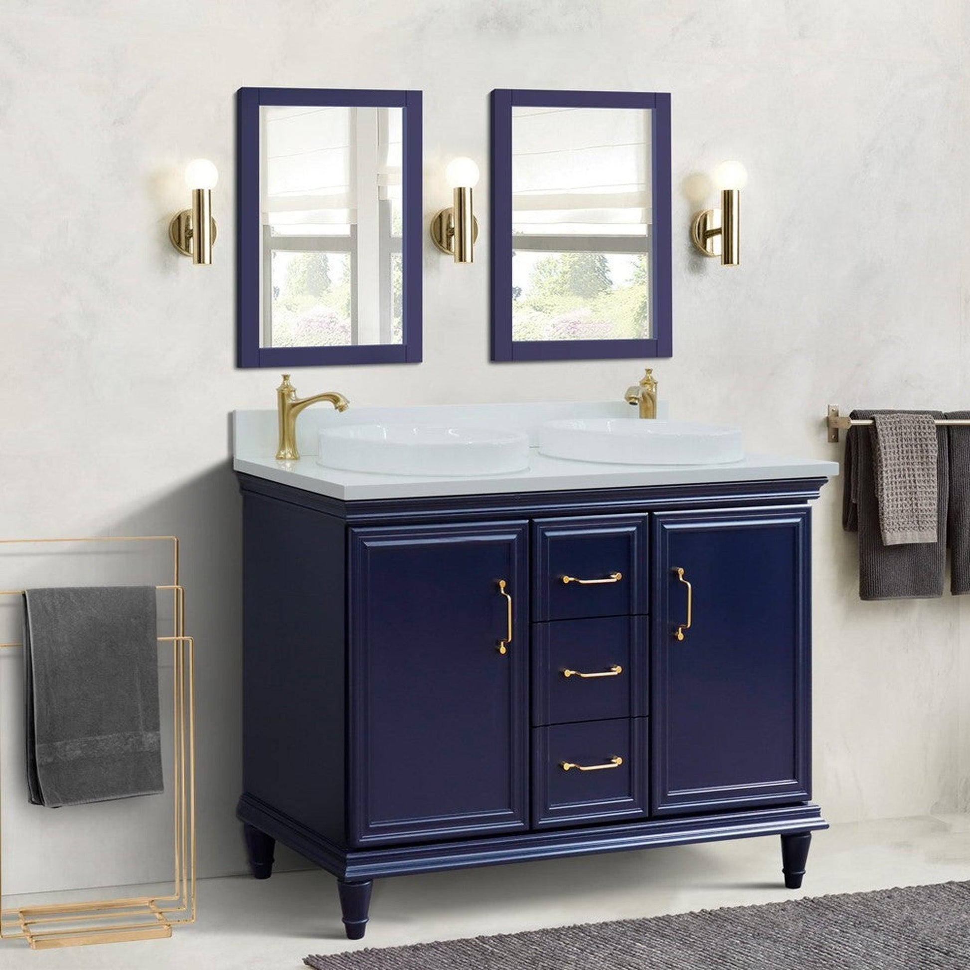 Bellaterra Home Forli 49" 2-Door 3-Drawer Blue Freestanding Vanity Set With Ceramic Double Vessel Sink and White Quartz Top