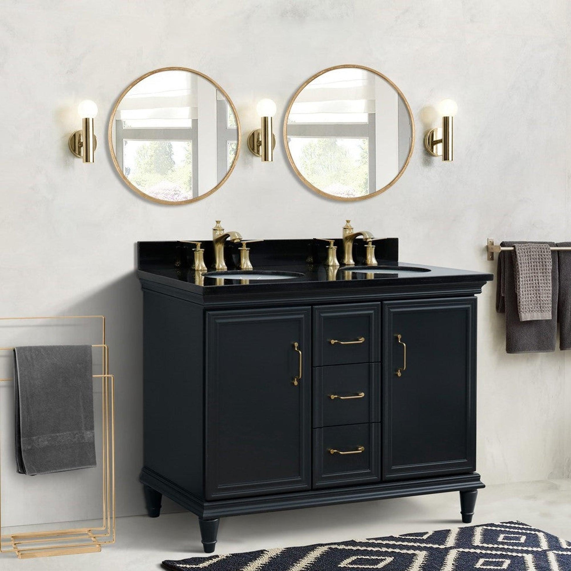 Bellaterra Home Forli 49" 2-Door 3-Drawer Dark Gray Freestanding Vanity Set With Ceramic Double Undermount Oval Sink and Black Galaxy Granite Top