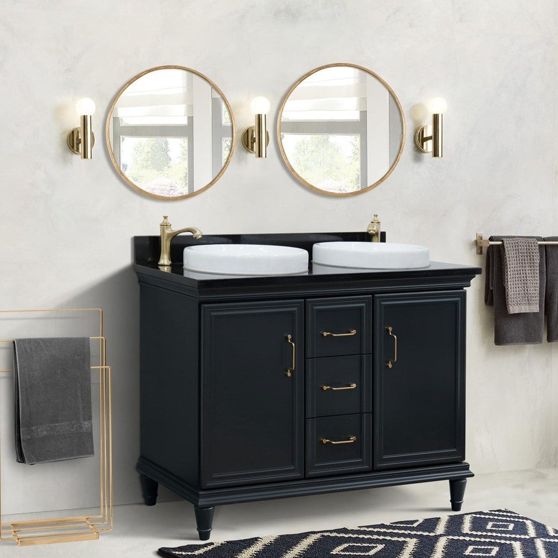 Bellaterra Home Forli 49" 2-Door 3-Drawer Dark Gray Freestanding Vanity Set With Ceramic Double Vessel Sink and Black Galaxy Granite Top