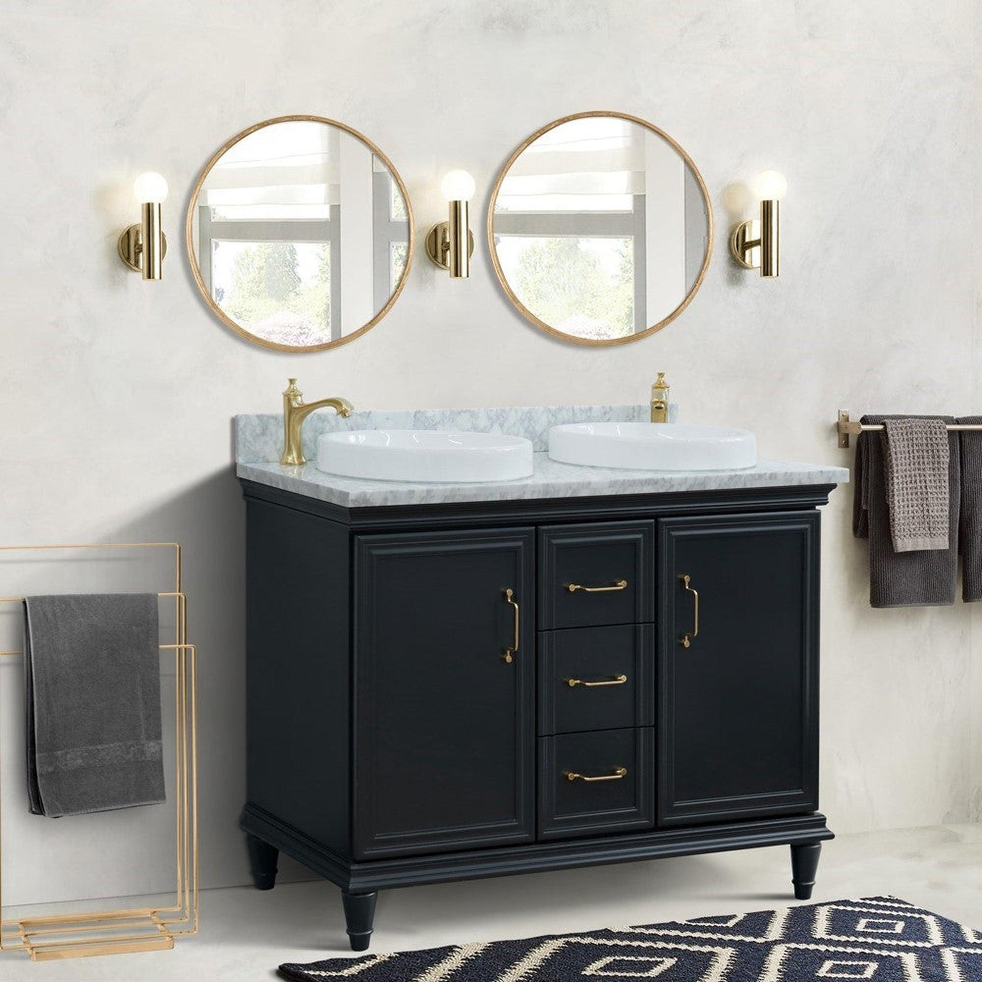 Bellaterra Home Forli 49" 2-Door 3-Drawer Dark Gray Freestanding Vanity Set With Ceramic Double Vessel Sink and White Carrara Marble Top