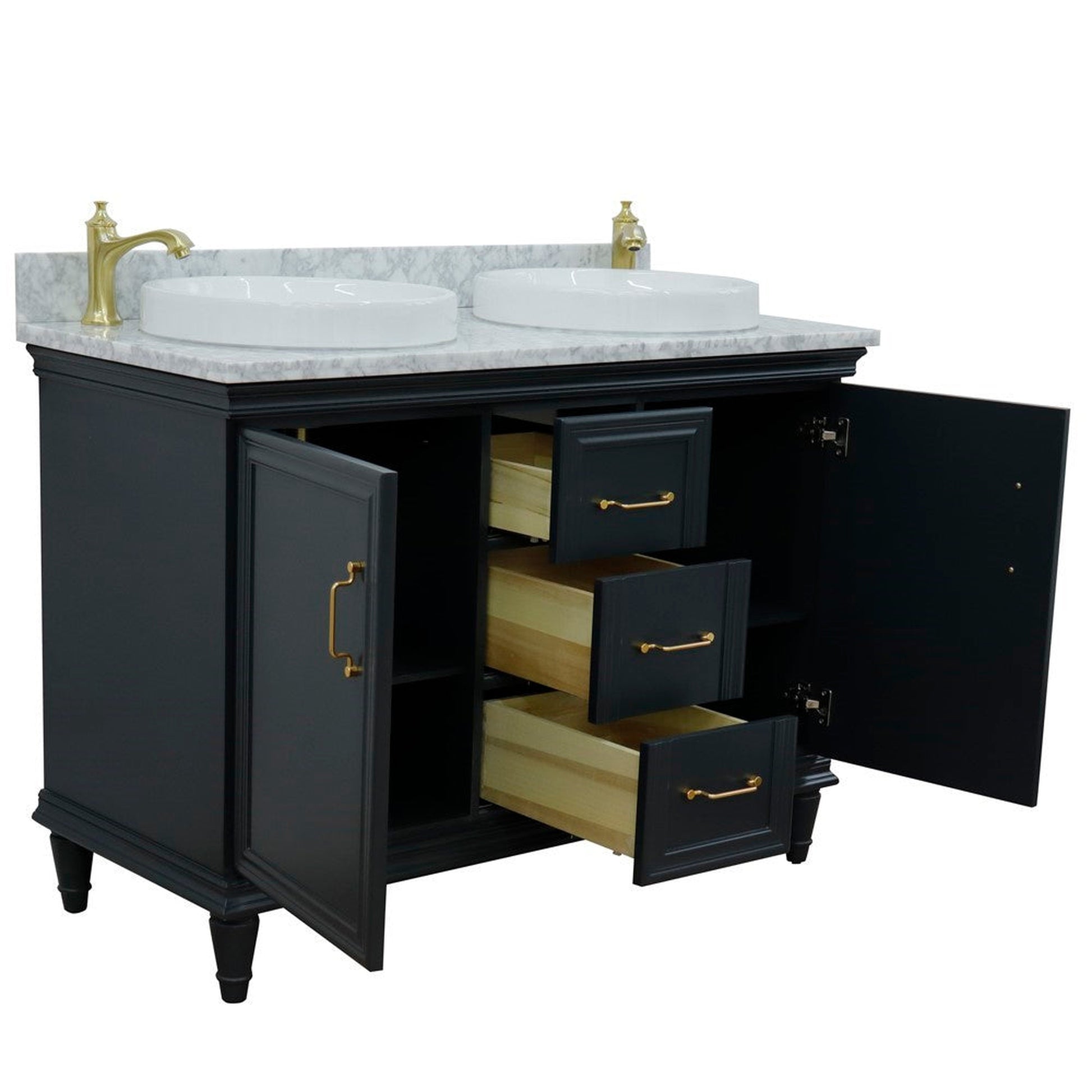 Bellaterra Home Forli 49" 2-Door 3-Drawer Dark Gray Freestanding Vanity Set With Ceramic Double Vessel Sink and White Carrara Marble Top