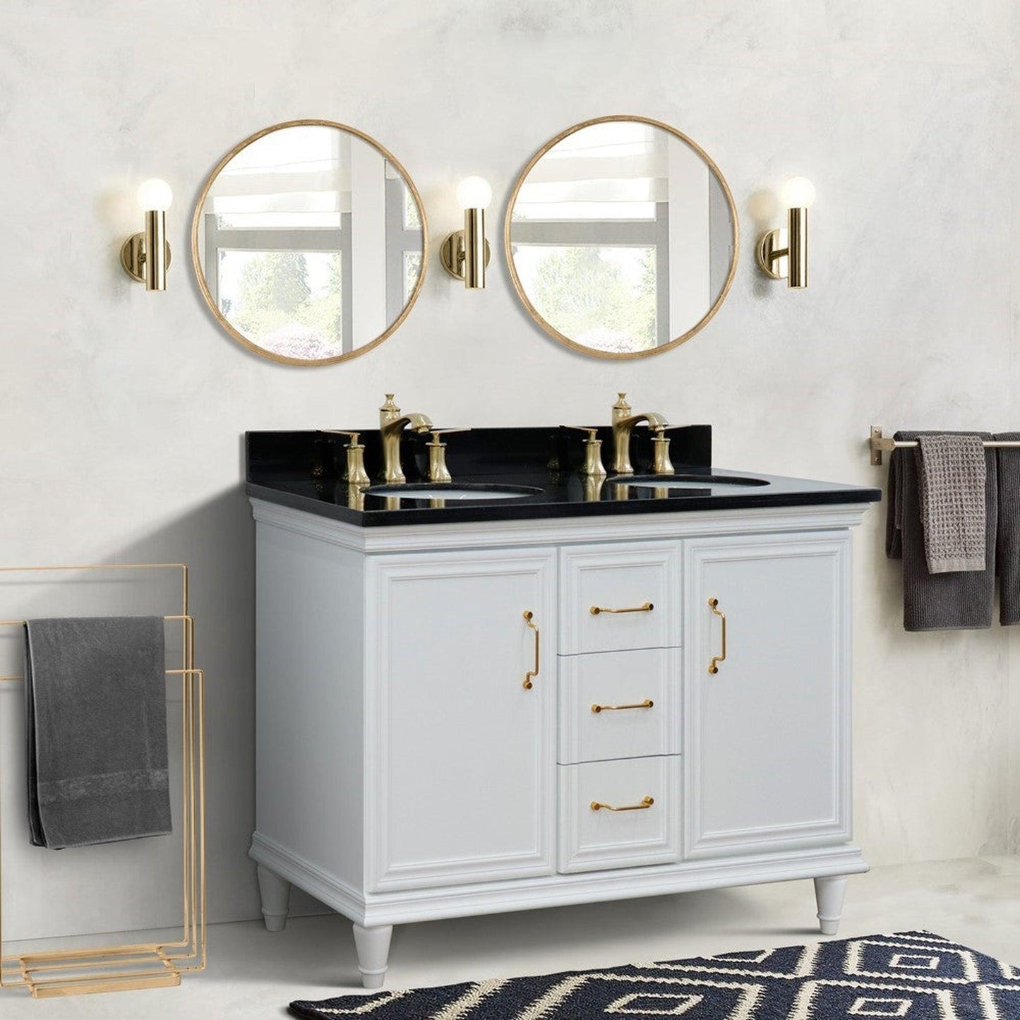 Bellaterra Home Forli 49" 2-Door 3-Drawer White Freestanding Vanity Set With Ceramic Double Undermount Oval Sink and Black Galaxy Granite Top