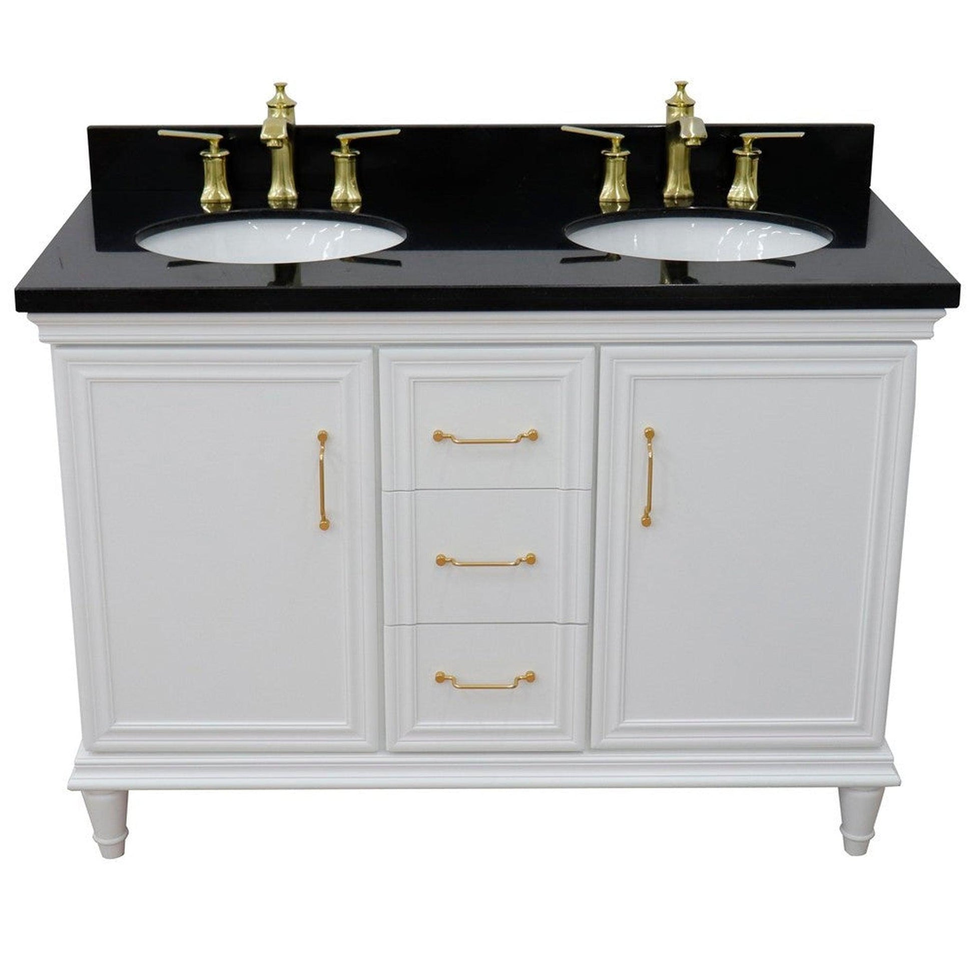 Bellaterra Home Forli 49" 2-Door 3-Drawer White Freestanding Vanity Set With Ceramic Double Undermount Oval Sink and Black Galaxy Granite Top