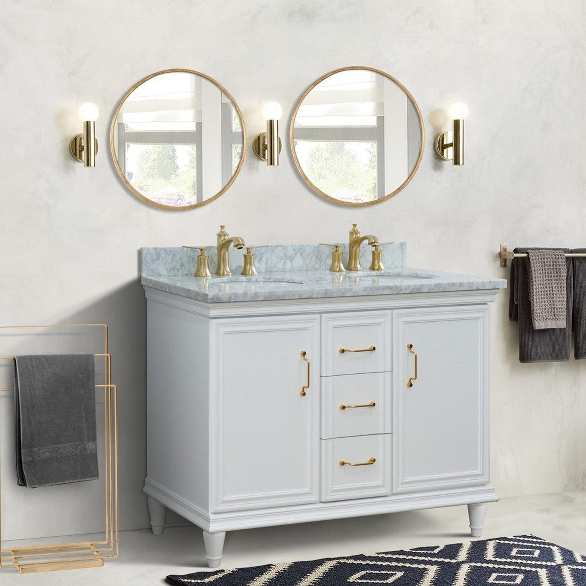 Bellaterra Home Forli 49" 2-Door 3-Drawer White Freestanding Vanity Set With Ceramic Double Undermount Oval Sink and White Carrara Marble Top