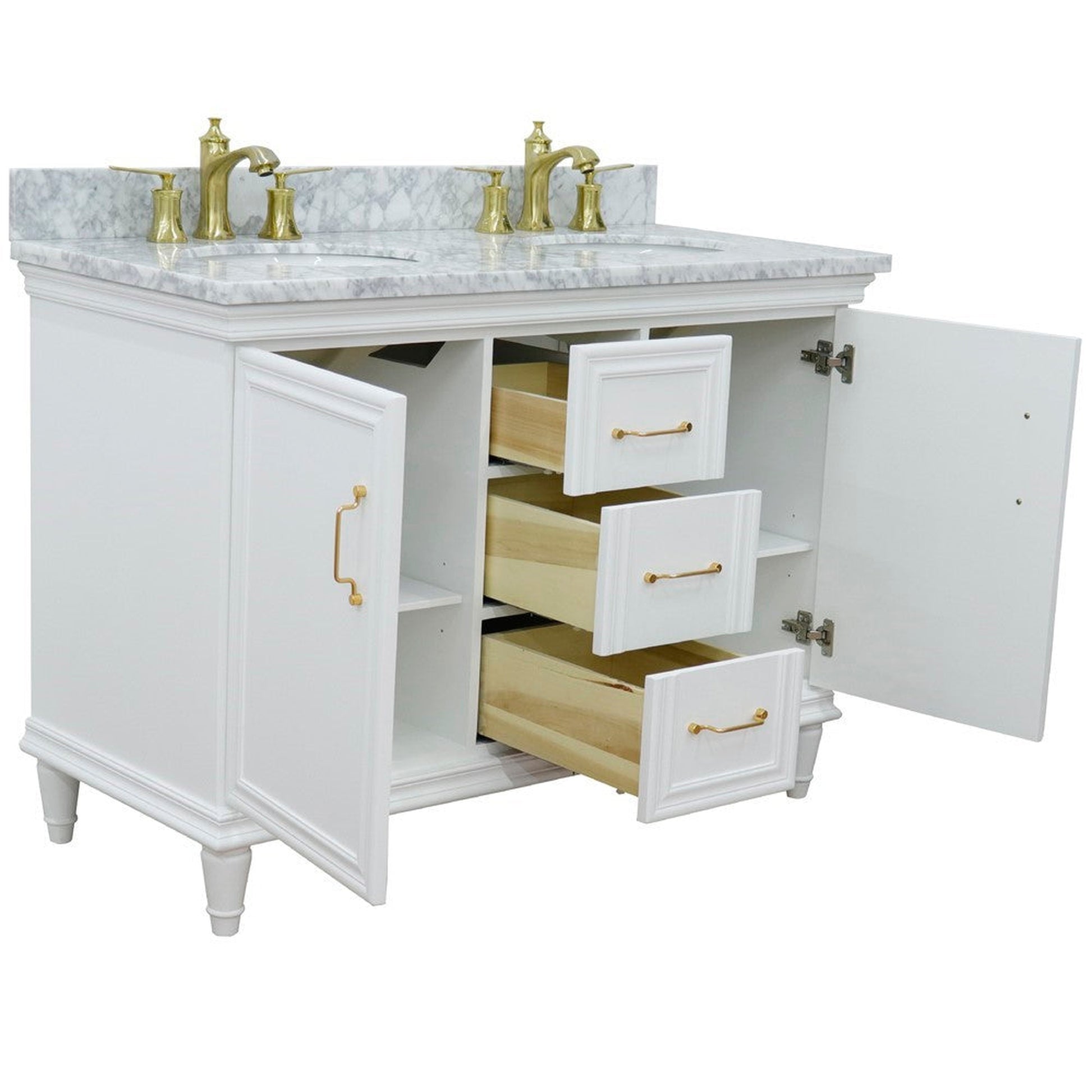 Bellaterra Home Forli 49" 2-Door 3-Drawer White Freestanding Vanity Set With Ceramic Double Undermount Oval Sink and White Carrara Marble Top