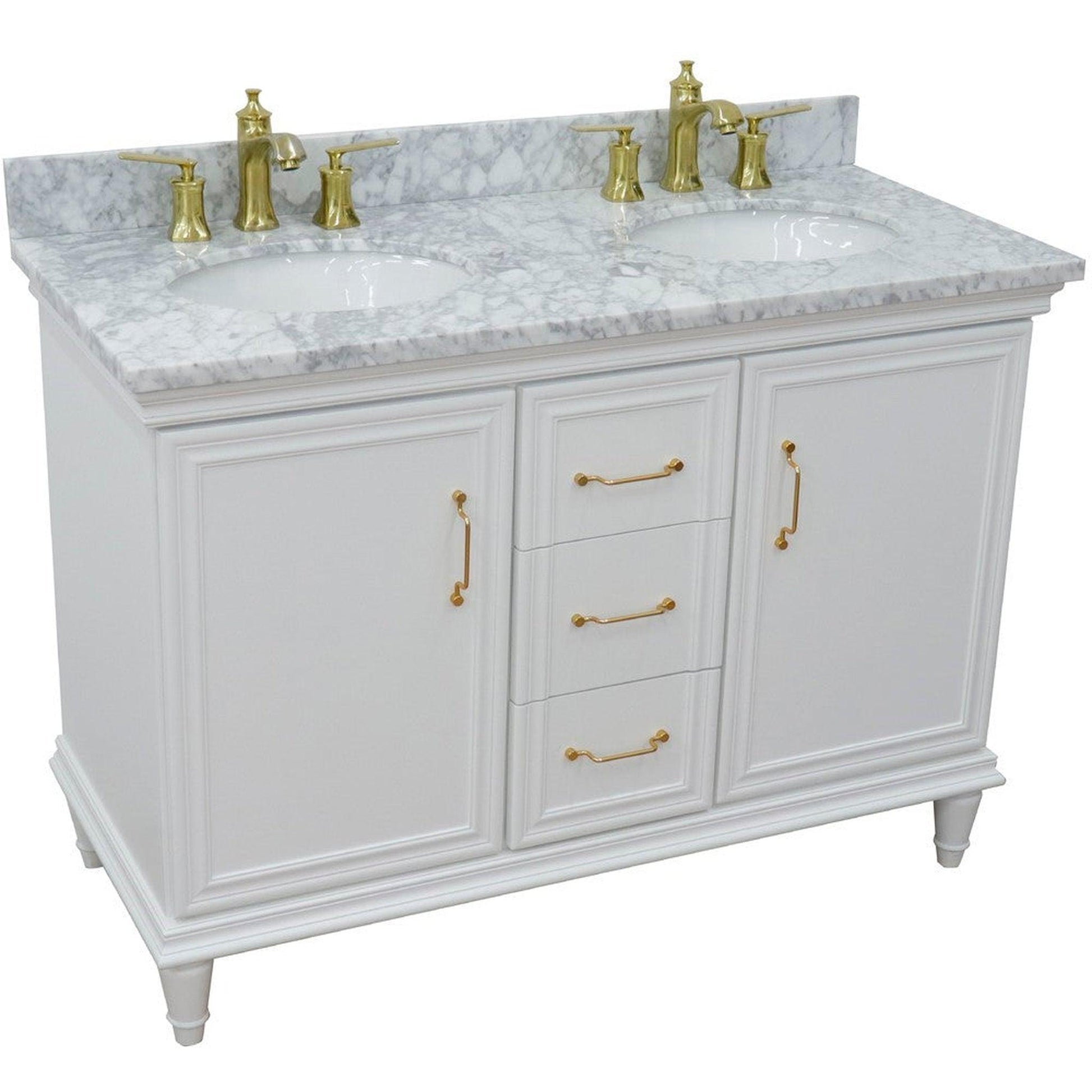 Bellaterra Home Forli 49" 2-Door 3-Drawer White Freestanding Vanity Set With Ceramic Double Undermount Oval Sink and White Carrara Marble Top