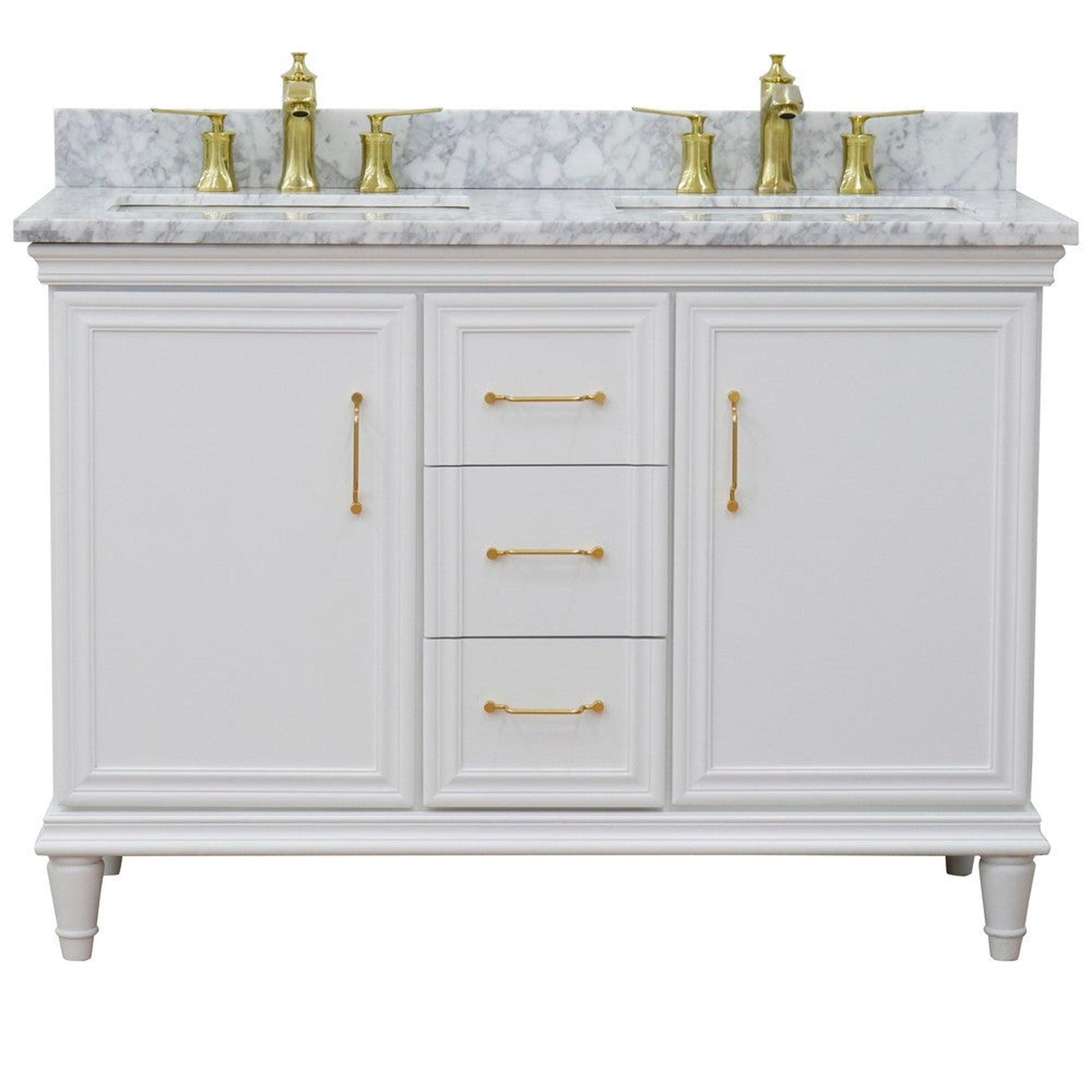 Bellaterra Home Forli 49" 2-Door 3-Drawer White Freestanding Vanity Set With Ceramic Double Undermount Rectangular Sink and White Carrara Marble Top