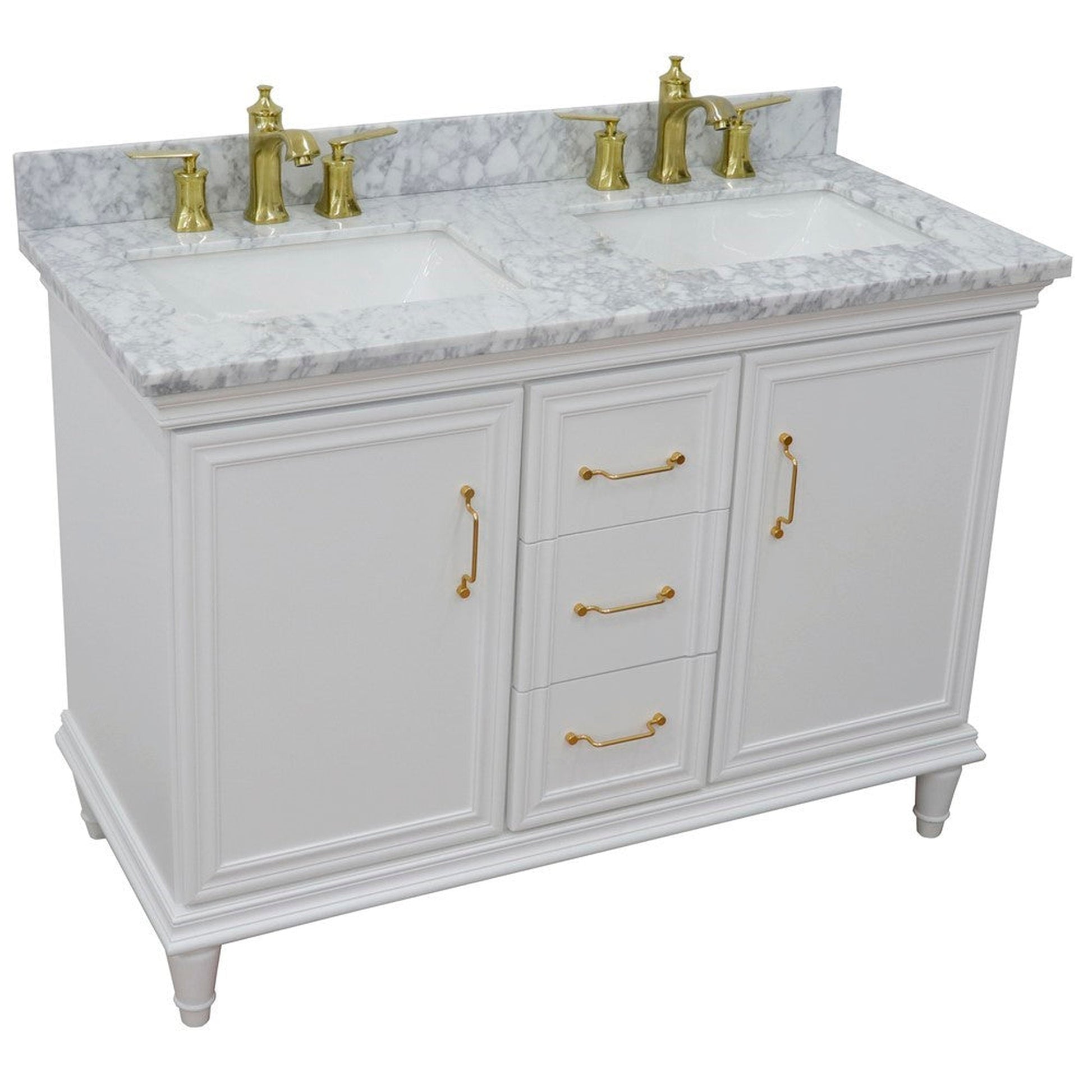Bellaterra Home Forli 49" 2-Door 3-Drawer White Freestanding Vanity Set With Ceramic Double Undermount Rectangular Sink and White Carrara Marble Top