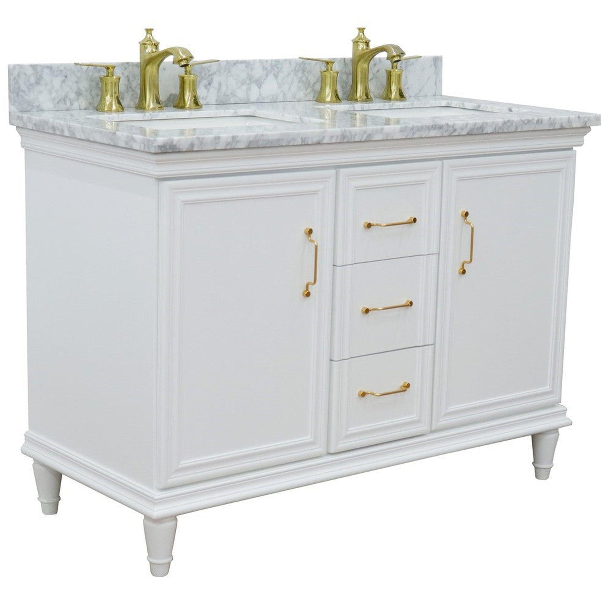 Bellaterra Home Forli 49" 2-Door 3-Drawer White Freestanding Vanity Set With Ceramic Double Undermount Rectangular Sink and White Carrara Marble Top