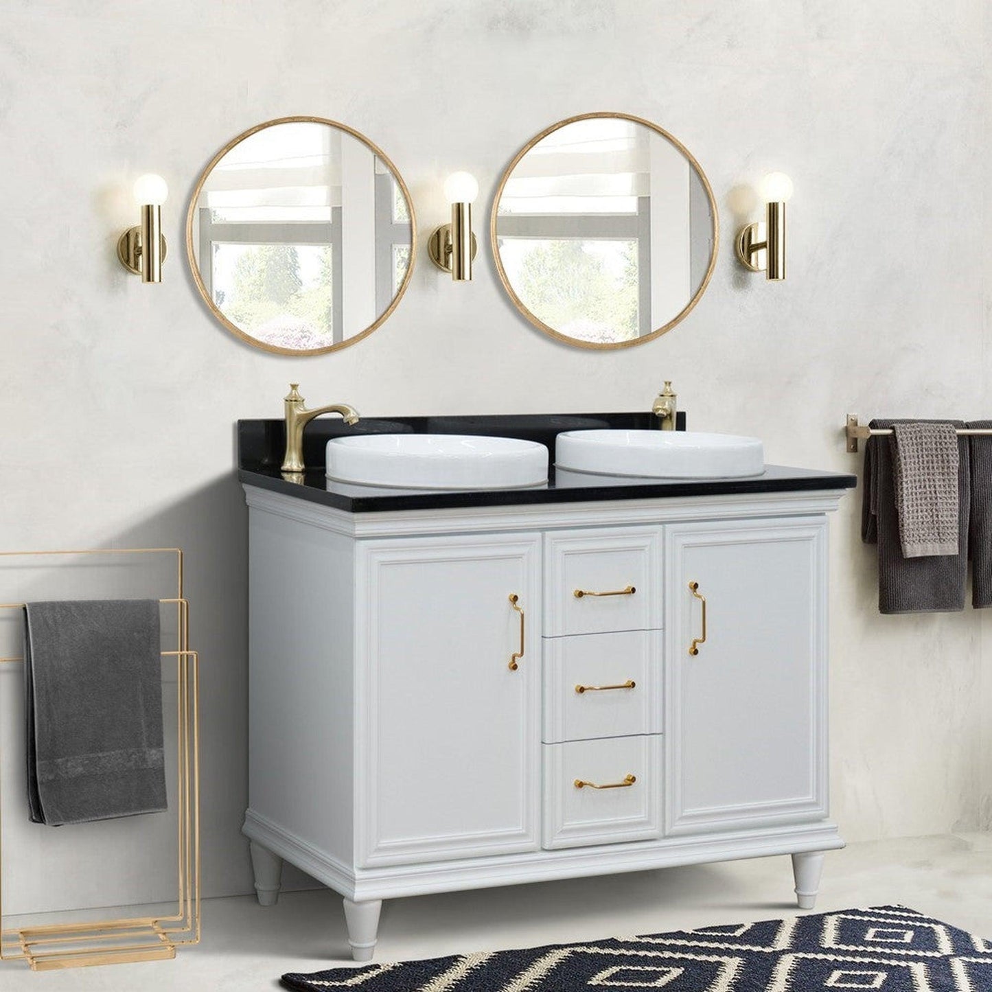 Bellaterra Home Forli 49" 2-Door 3-Drawer White Freestanding Vanity Set With Ceramic Double Vessel Sink and Black Galaxy Granite Top