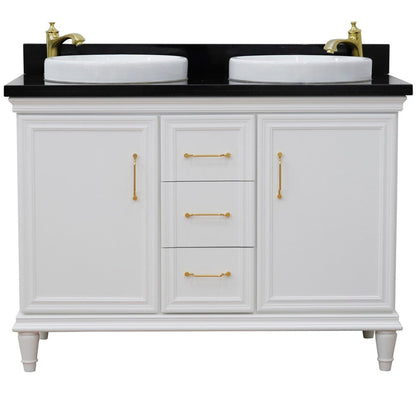 Bellaterra Home Forli 49" 2-Door 3-Drawer White Freestanding Vanity Set With Ceramic Double Vessel Sink and Black Galaxy Granite Top