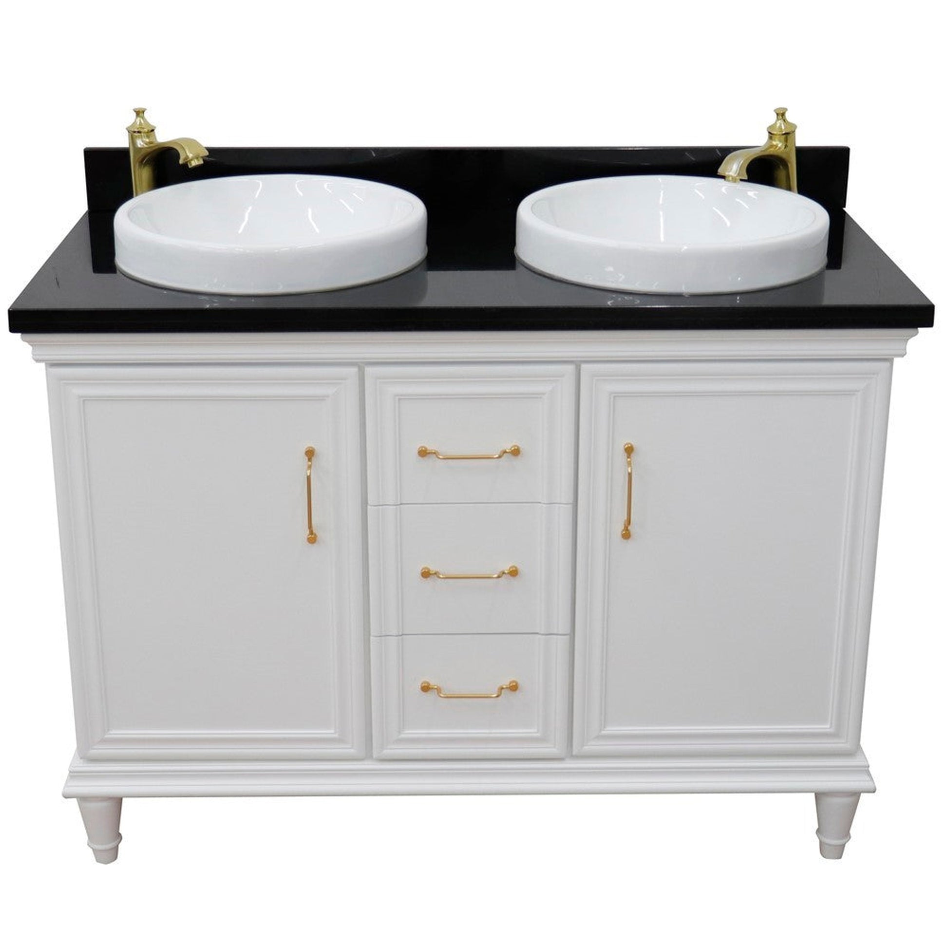 Bellaterra Home Forli 49" 2-Door 3-Drawer White Freestanding Vanity Set With Ceramic Double Vessel Sink and Black Galaxy Granite Top