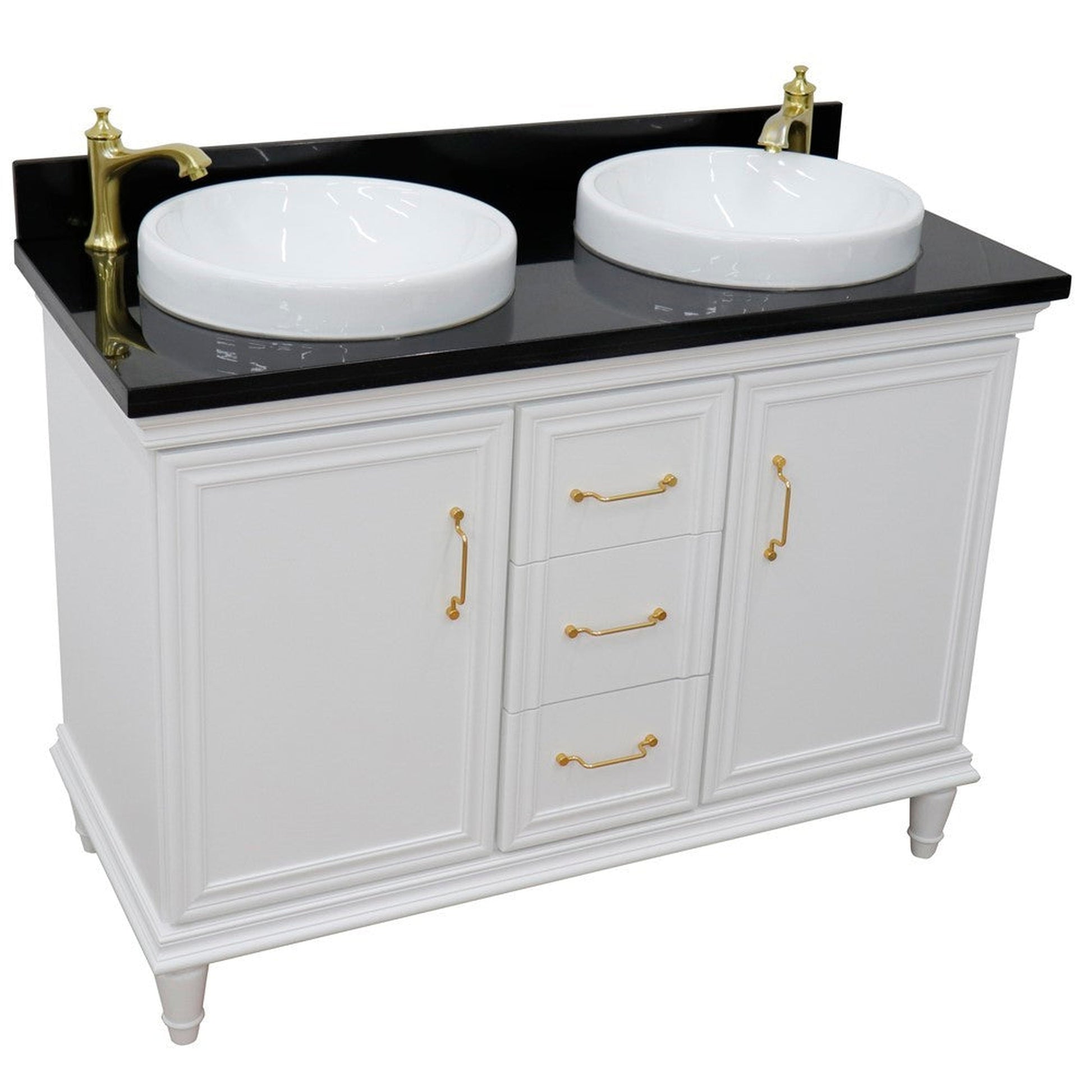 Bellaterra Home Forli 49" 2-Door 3-Drawer White Freestanding Vanity Set With Ceramic Double Vessel Sink and Black Galaxy Granite Top