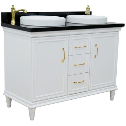 Bellaterra Home Forli 49" 2-Door 3-Drawer White Freestanding Vanity Set With Ceramic Double Vessel Sink and Black Galaxy Granite Top