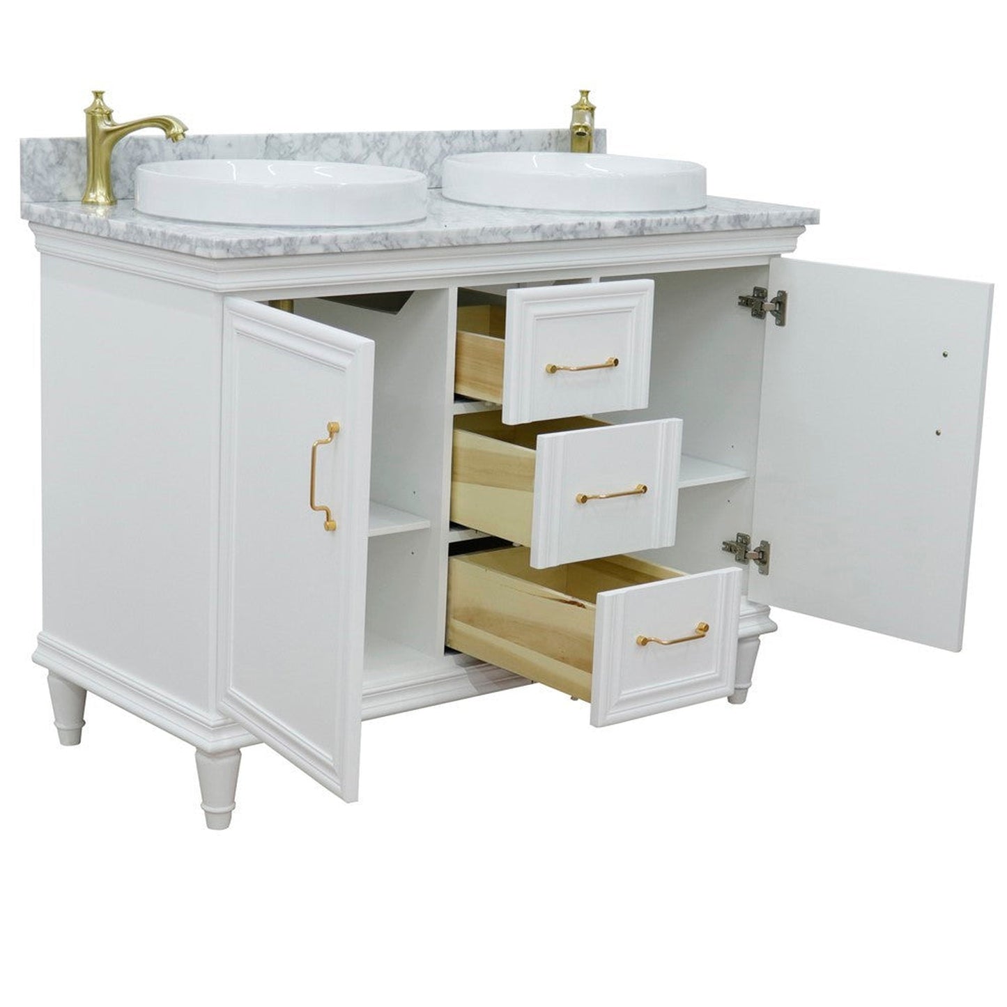 Bellaterra Home Forli 49" 2-Door 3-Drawer White Freestanding Vanity Set With Ceramic Double Vessel Sink and White Carrara Marble Top