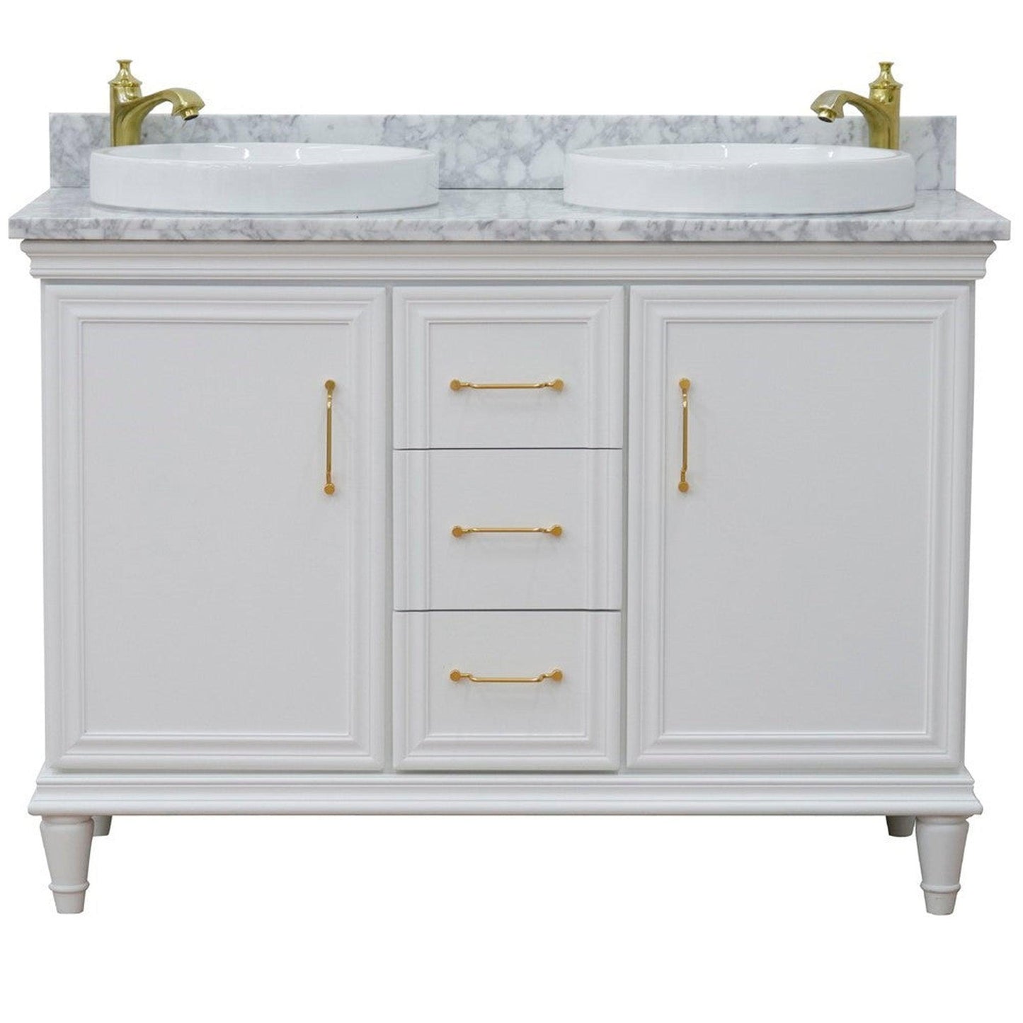 Bellaterra Home Forli 49" 2-Door 3-Drawer White Freestanding Vanity Set With Ceramic Double Vessel Sink and White Carrara Marble Top