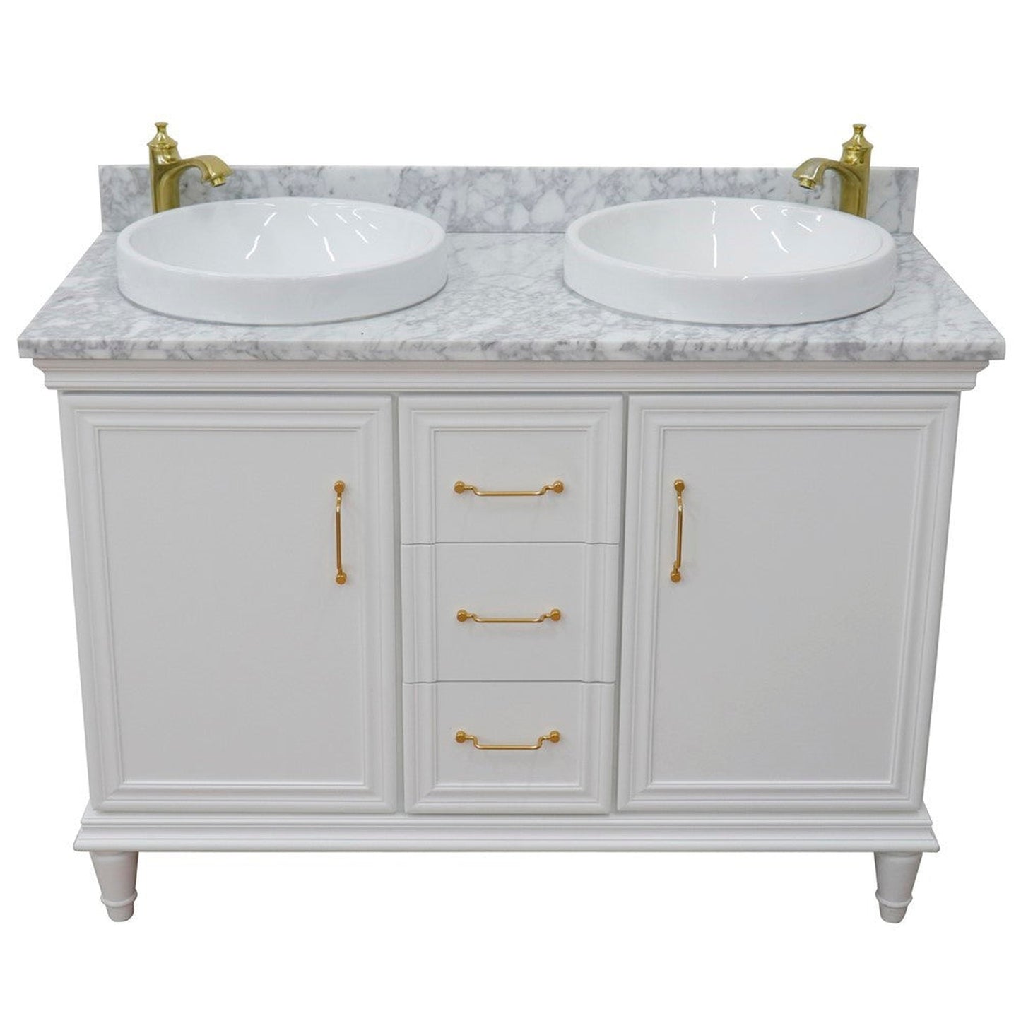 Bellaterra Home Forli 49" 2-Door 3-Drawer White Freestanding Vanity Set With Ceramic Double Vessel Sink and White Carrara Marble Top