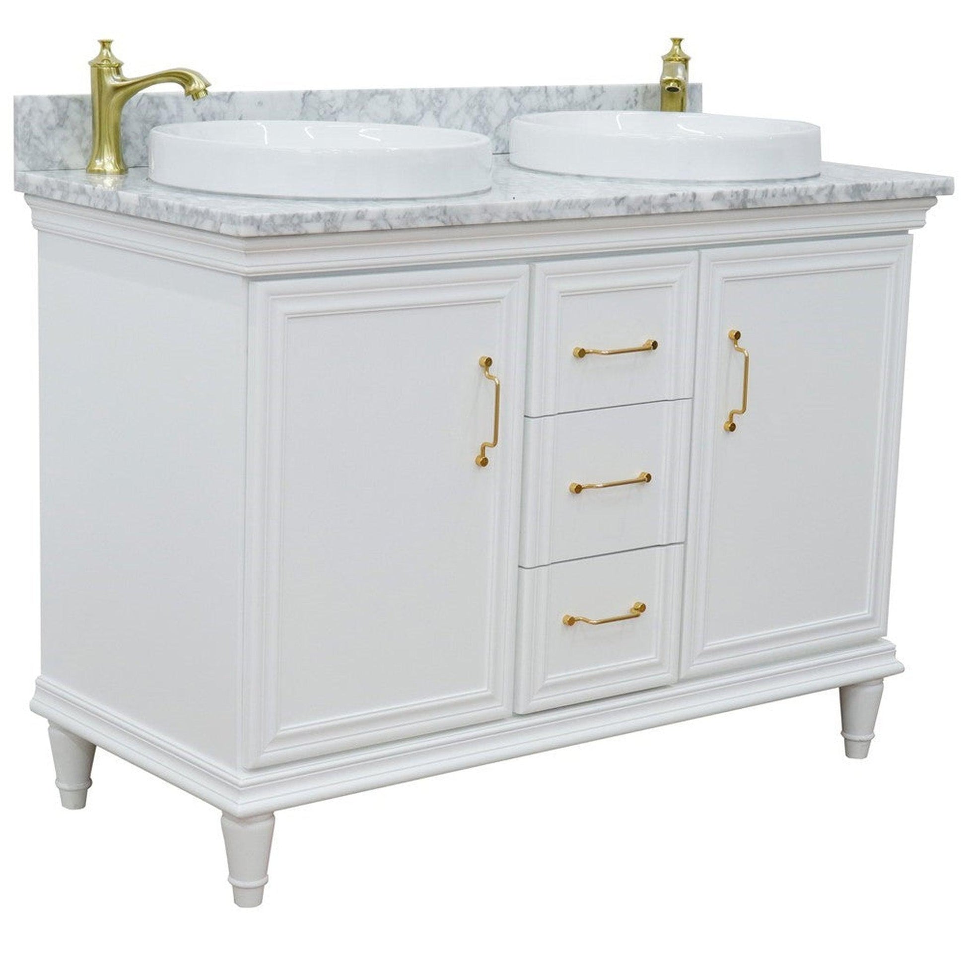 Bellaterra Home Forli 49" 2-Door 3-Drawer White Freestanding Vanity Set With Ceramic Double Vessel Sink and White Carrara Marble Top