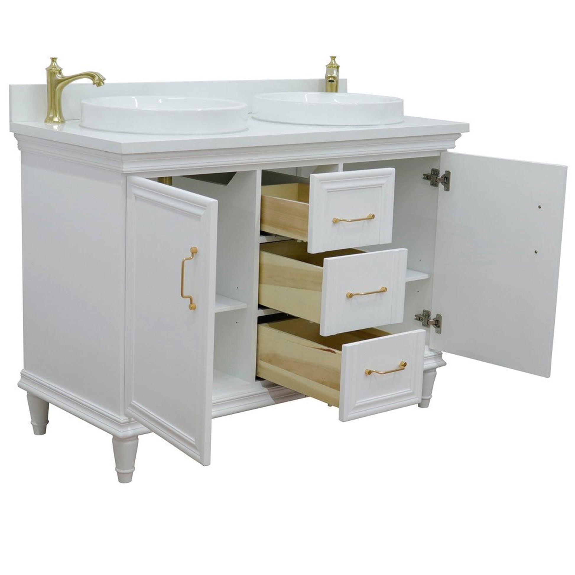 Bellaterra Home Forli 49" 2-Door 3-Drawer White Freestanding Vanity Set With Ceramic Double Vessel Sink and White Quartz Top