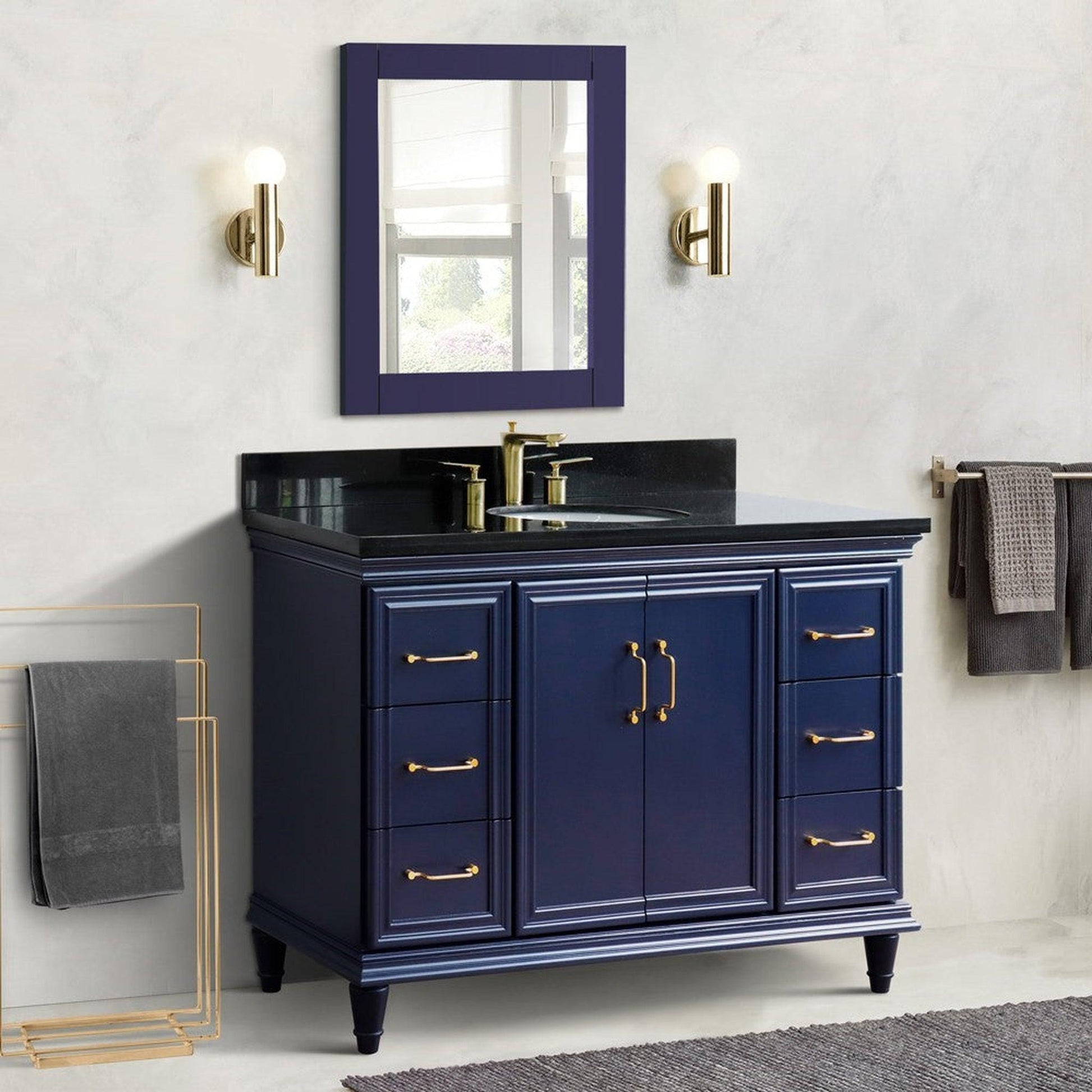 Bellaterra Home Forli 49" 2-Door 6-Drawer Blue Freestanding Vanity Set With Ceramic Undermount Oval Sink and Black Galaxy Granite Top