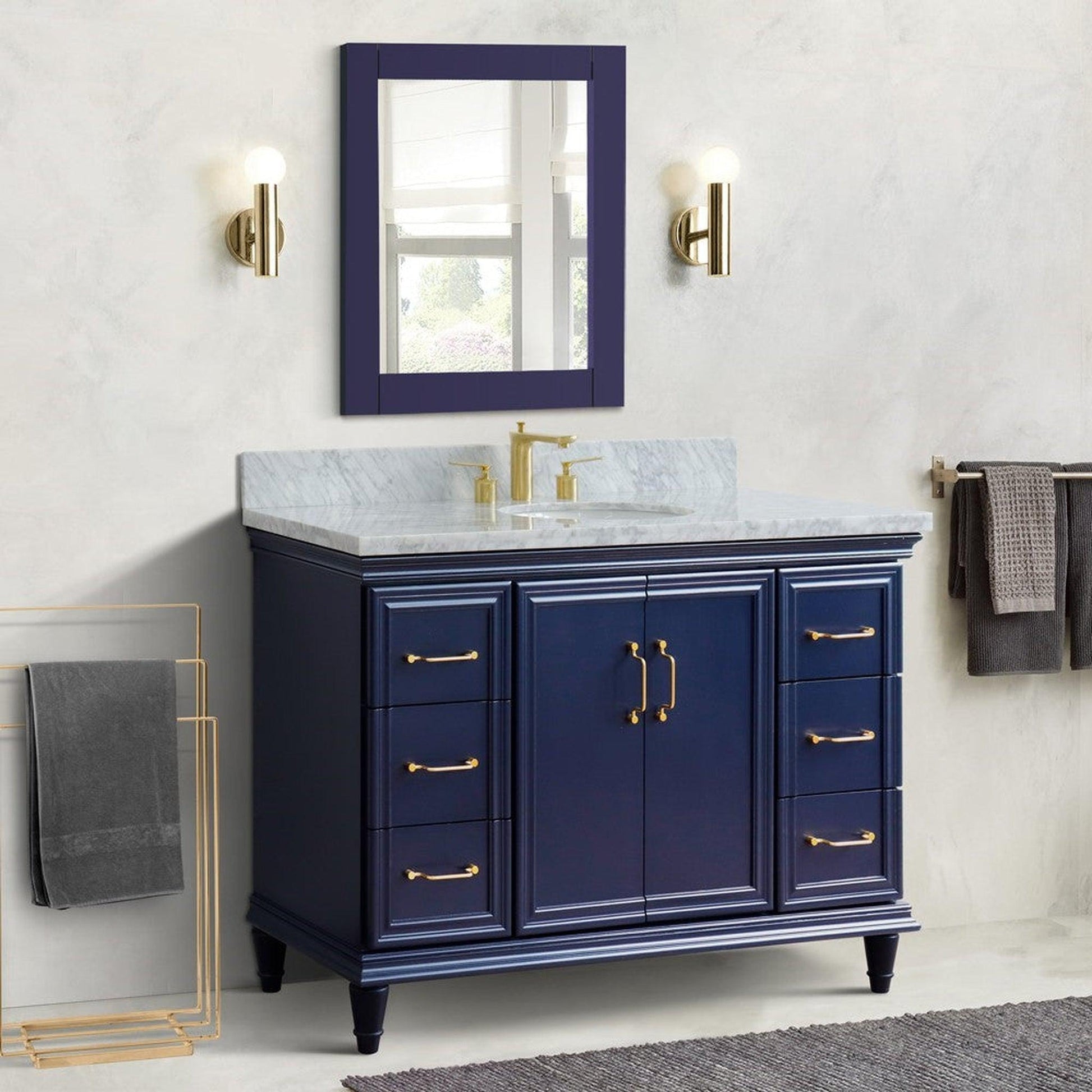 Bellaterra Home Forli 49" 2-Door 6-Drawer Blue Freestanding Vanity Set With Ceramic Undermount Oval Sink and White Carrara Marble Top