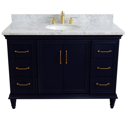 Bellaterra Home Forli 49" 2-Door 6-Drawer Blue Freestanding Vanity Set With Ceramic Undermount Oval Sink and White Carrara Marble Top