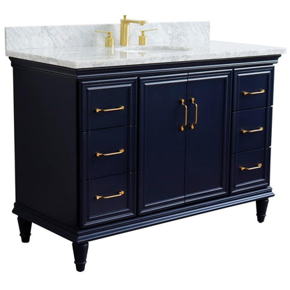 Bellaterra Home Forli 49" 2-Door 6-Drawer Blue Freestanding Vanity Set With Ceramic Undermount Oval Sink and White Carrara Marble Top