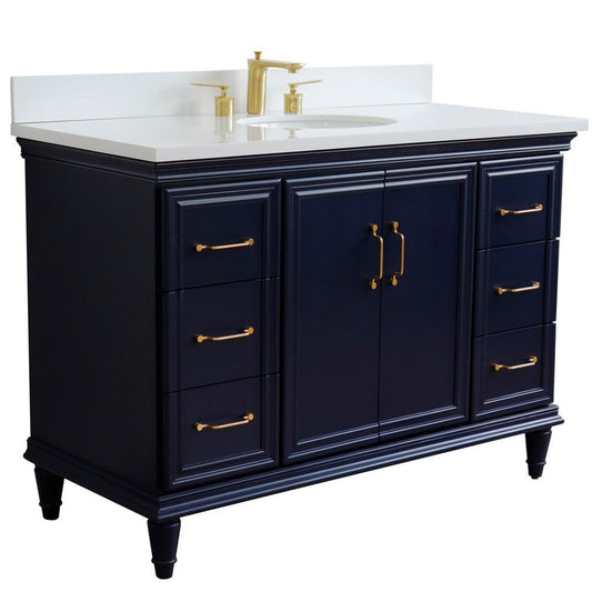 Bellaterra Home Forli 49" 2-Door 6-Drawer Blue Freestanding Vanity Set With Ceramic Undermount Oval Sink and White Quartz Top