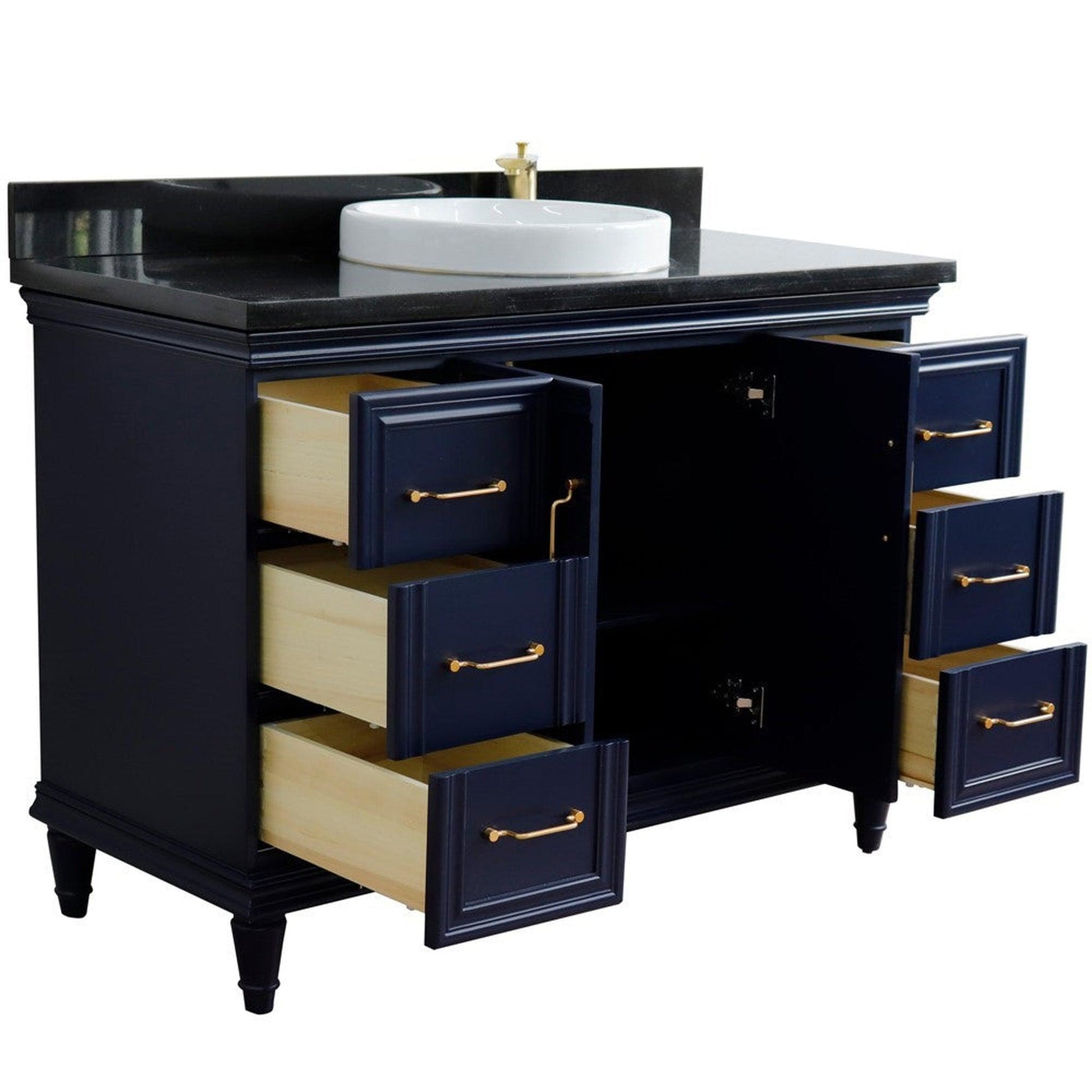 Bellaterra Home Forli 49" 2-Door 6-Drawer Blue Freestanding Vanity Set With Ceramic Vessel Sink and Black Galaxy Granite Top