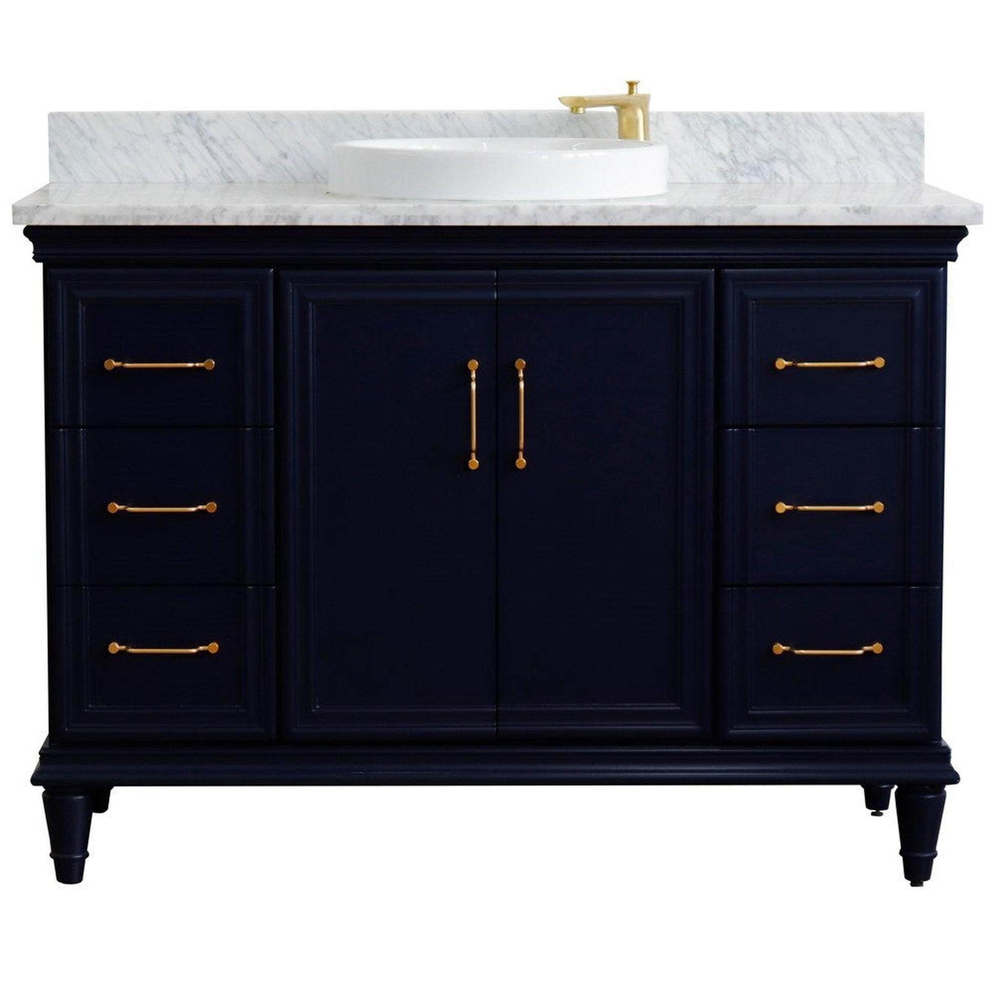 Bellaterra Home Forli 49" 2-Door 6-Drawer Blue Freestanding Vanity Set With Ceramic Vessel Sink and White Carrara Marble Top