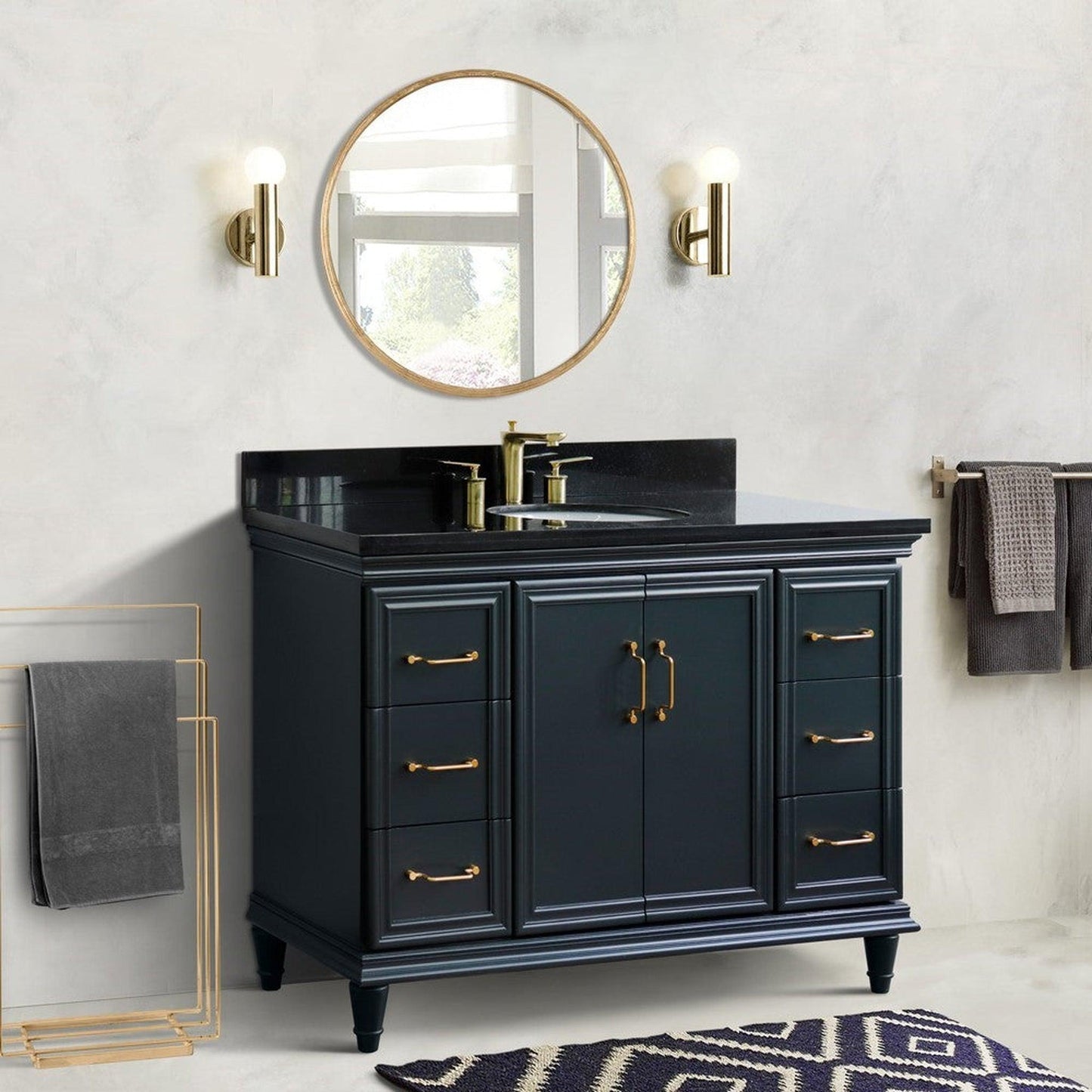 Bellaterra Home Forli 49" 2-Door 6-Drawer Dark Gray Freestanding Vanity Set With Ceramic Undermount Oval Sink and Black Galaxy Granite Top