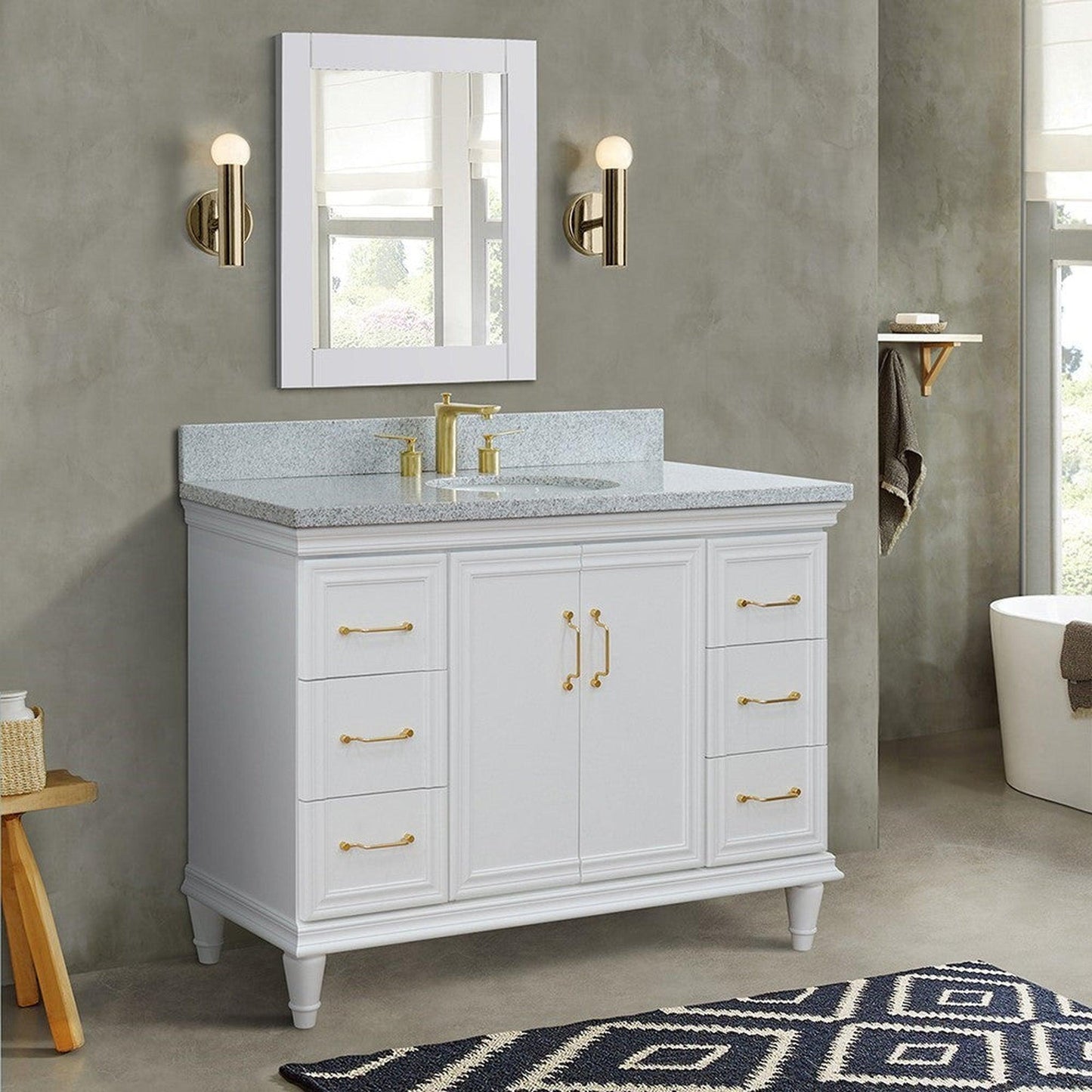 Bellaterra Home Forli 49" 2-Door 6-Drawer Whitte Freestanding Vanity Set With Ceramic Undermount Oval Sink and Gray Granite Top