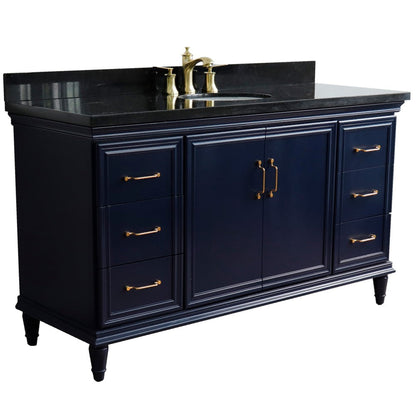 Bellaterra Home Forli 61" 2-Door 6-Drawer Blue Freestanding Vanity Set With Ceramic Undermount Oval Sink and Black Galaxy Granite Top