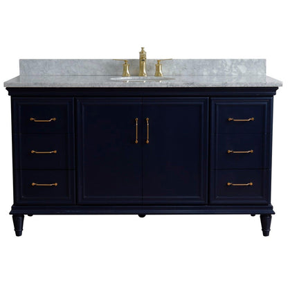 Bellaterra Home Forli 61" 2-Door 6-Drawer Blue Freestanding Vanity Set With Ceramic Undermount Oval Sink and White Carrara Marble Top