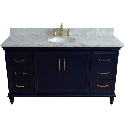 Bellaterra Home Forli 61" 2-Door 6-Drawer Blue Freestanding Vanity Set With Ceramic Undermount Oval Sink and White Carrara Marble Top