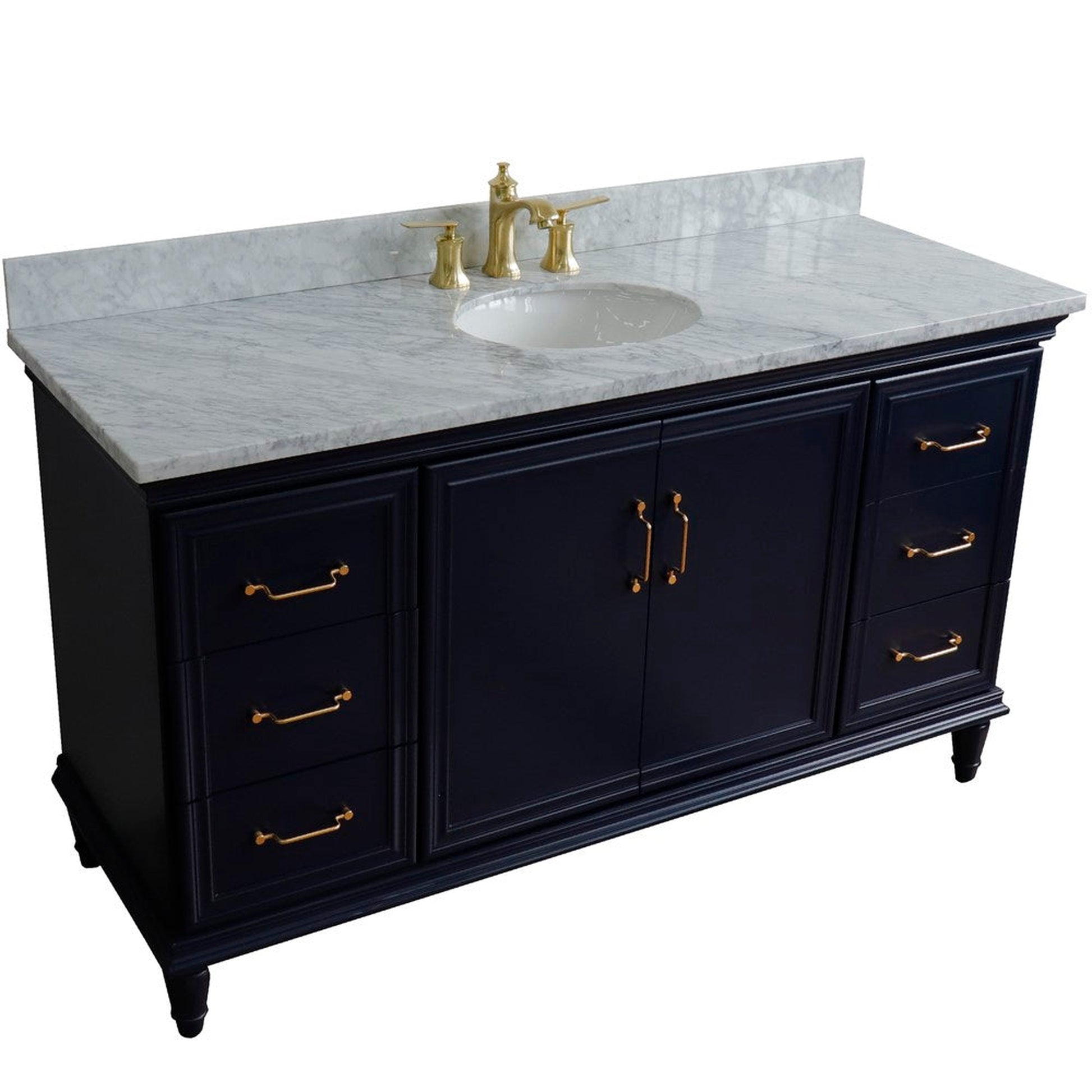 Bellaterra Home Forli 61" 2-Door 6-Drawer Blue Freestanding Vanity Set With Ceramic Undermount Oval Sink and White Carrara Marble Top