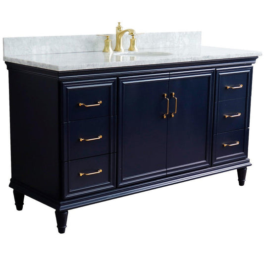 Bellaterra Home Forli 61" 2-Door 6-Drawer Blue Freestanding Vanity Set With Ceramic Undermount Oval Sink and White Carrara Marble Top