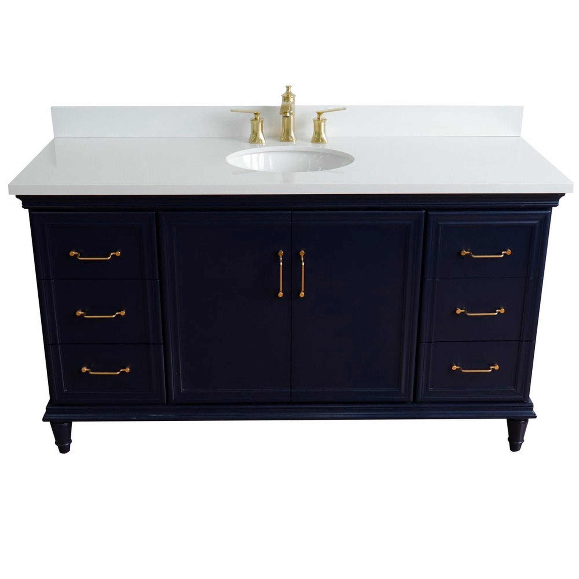 Bellaterra Home Forli 61" 2-Door 6-Drawer Blue Freestanding Vanity Set With Ceramic Undermount Oval Sink and White Quartz Top